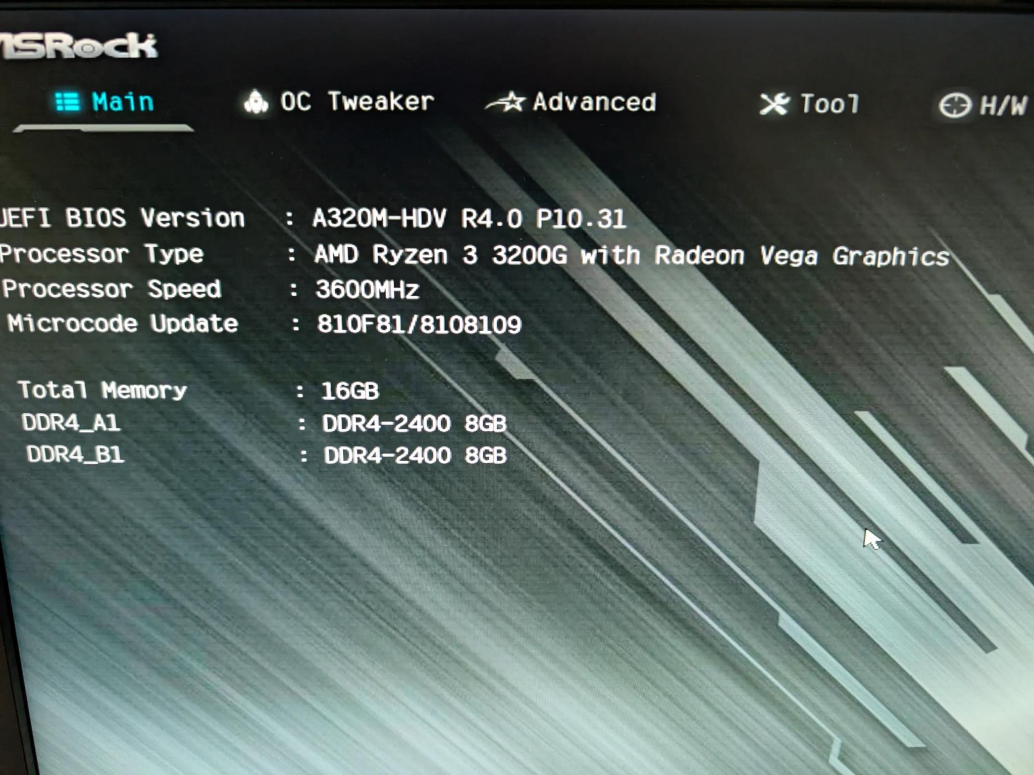 AsRock A320 / AMD Ryzen 3 3200G / 16GB DDR4