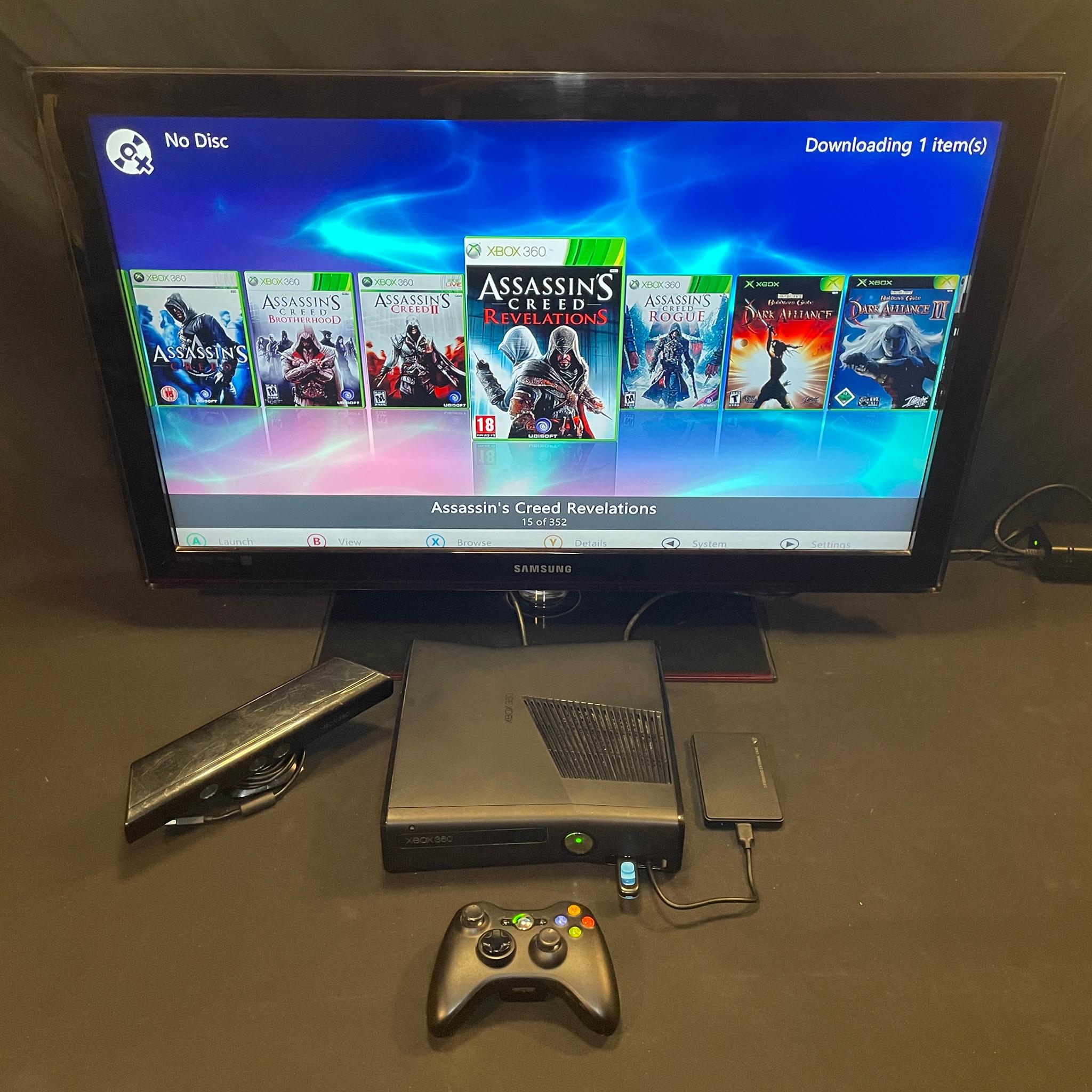 Xbox 360 With Kinect 500gb Internal Drive + 1TB External Drive With Accessories