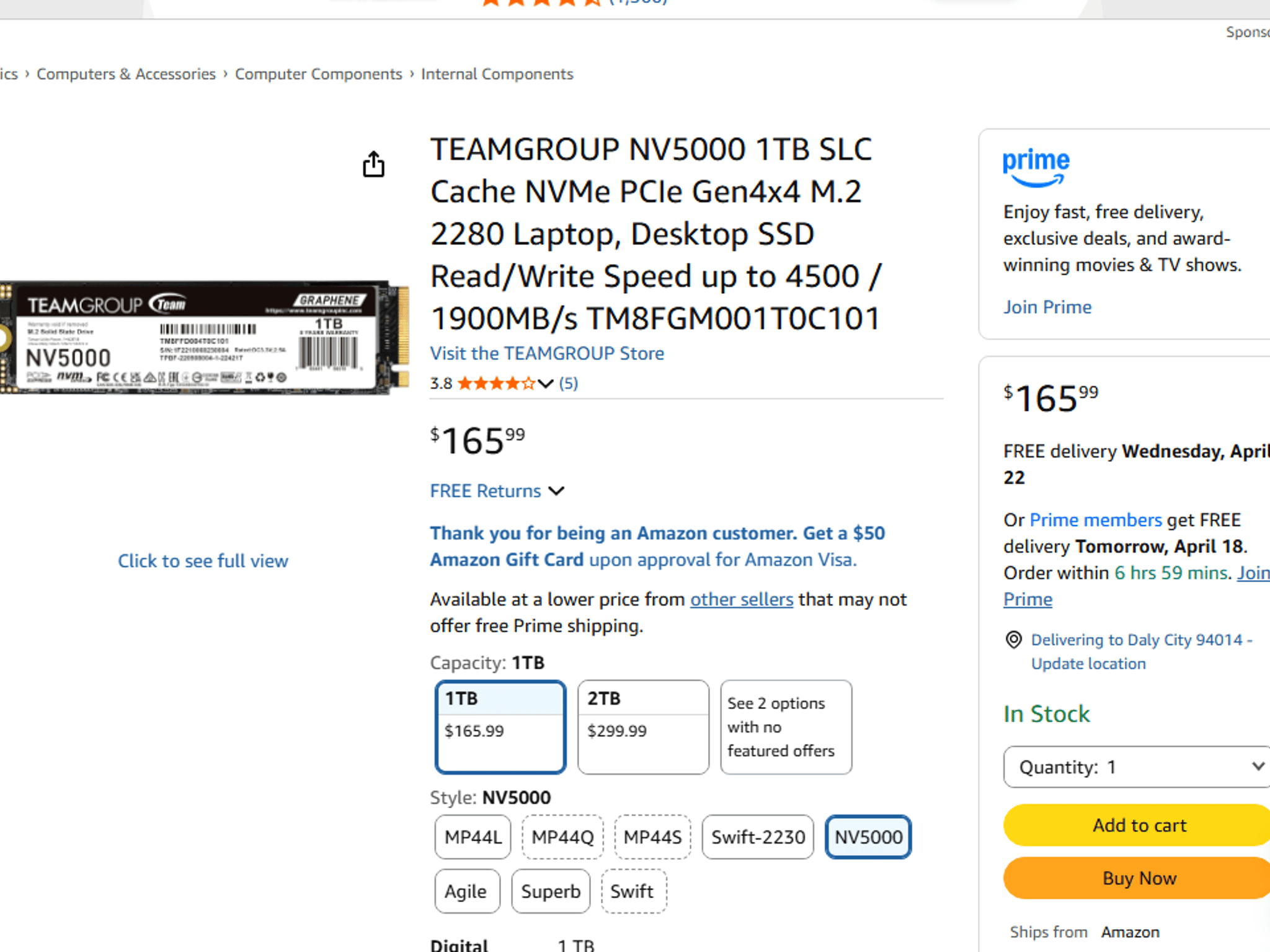 [BNIB]TEAMGROUP NV5000 1TB NVMe Gen4 SSD (Up to 4500MB/s)