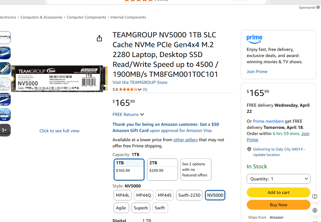 [BNIB]TEAMGROUP NV5000 1TB NVMe Gen4 SSD (Up to 4500MB/s)