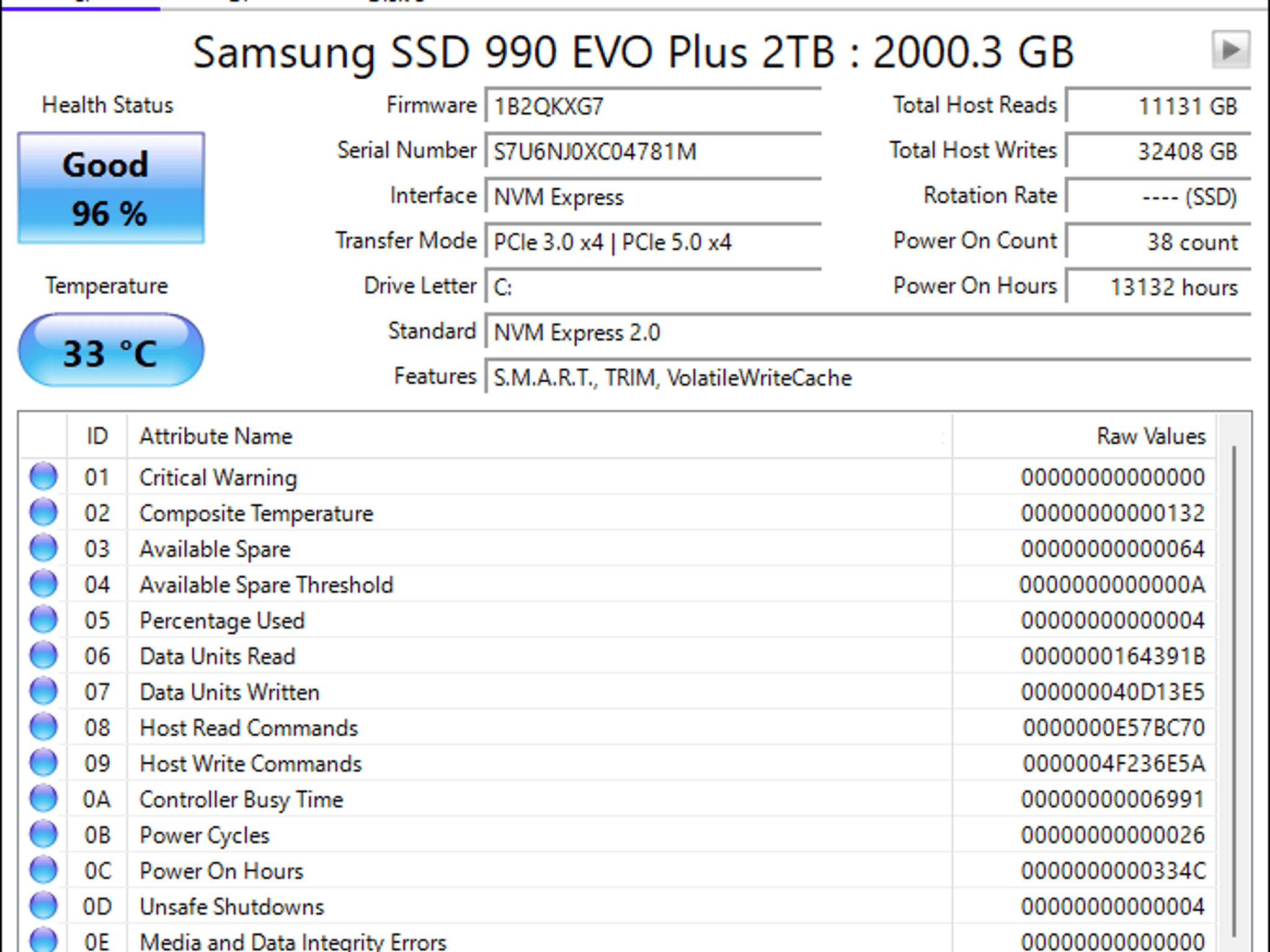 Samsung 990 EVO Plus 2TB NVMe Gen4 SSD (MZ-V9S2T0B) – 96% Health – Secure Erased