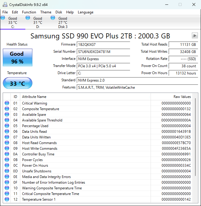 Samsung 990 EVO Plus 2TB NVMe Gen4 SSD (MZ-V9S2T0B) – 96% Health – Secure Erased