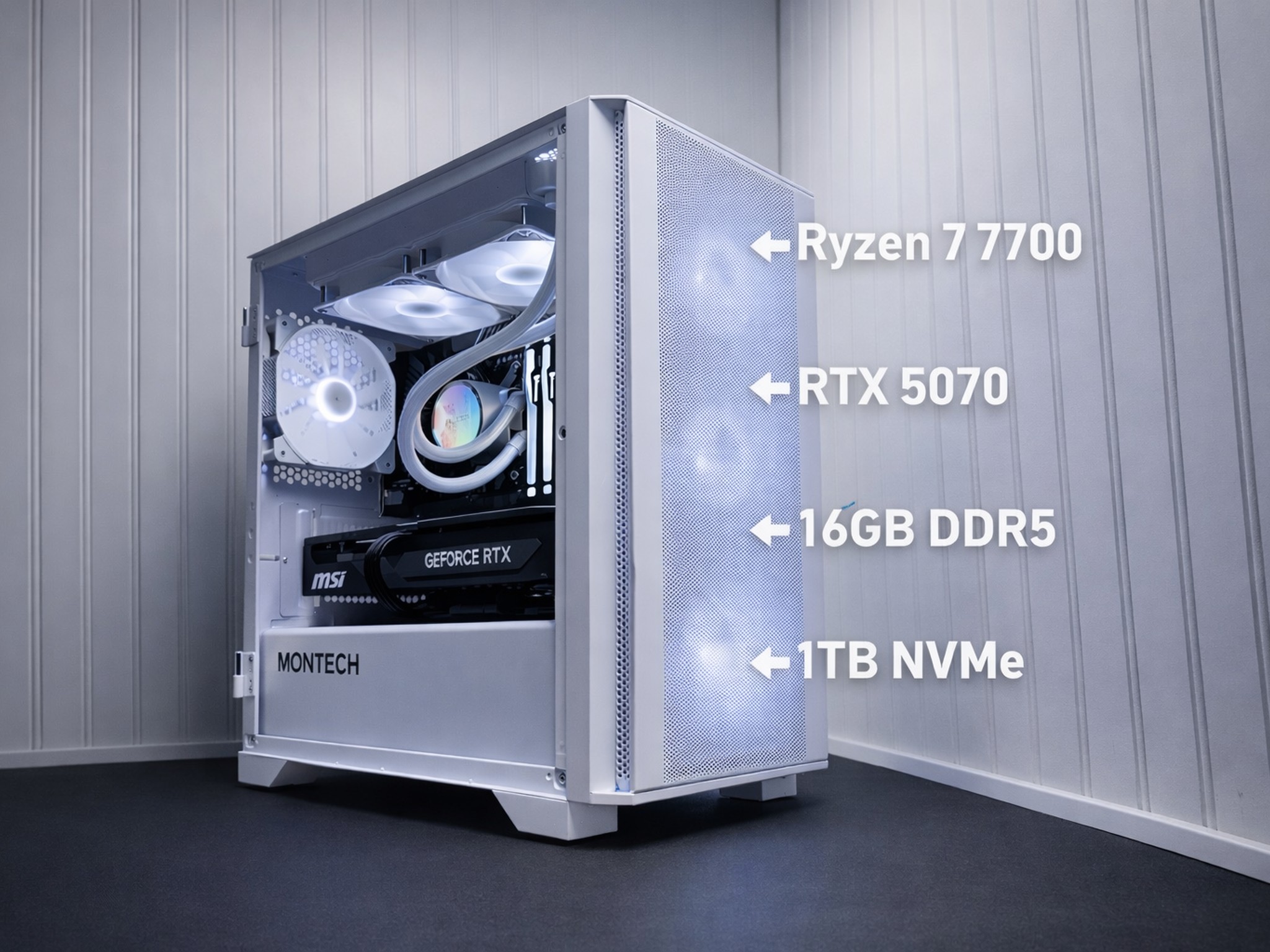 ARCTIC AIR | RTX 5070 12GB | Ryzen 7 7700 | 16GB DDR5 6000 | 1TB NVMe |  White & Black Gaming PC