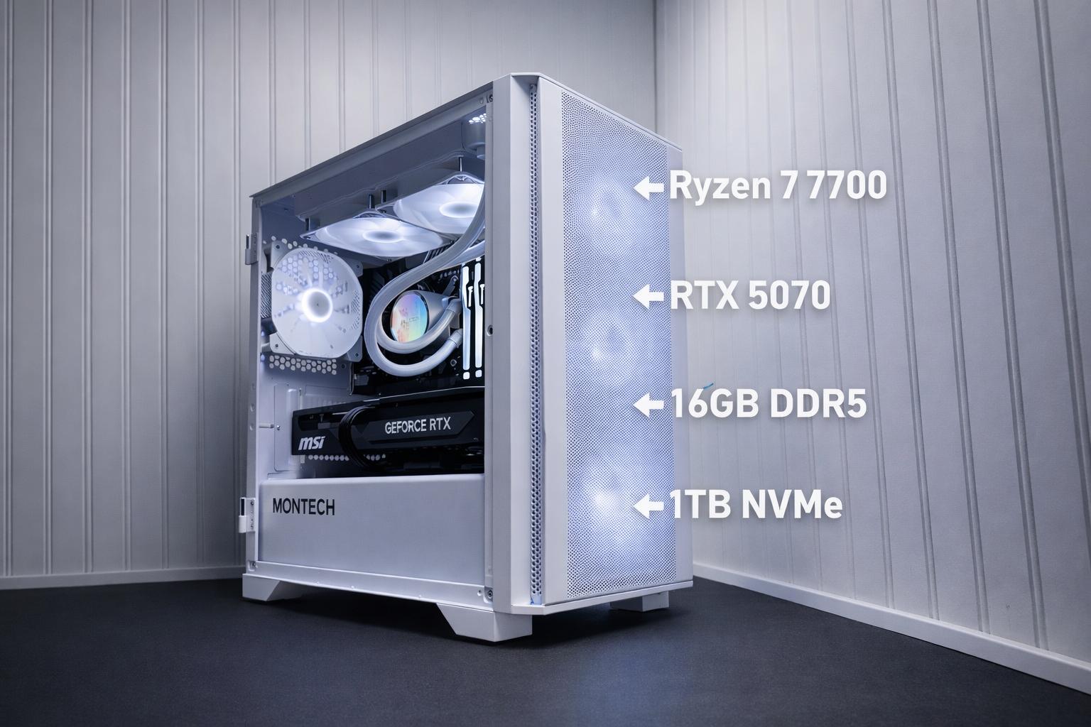 ARCTIC AIR | RTX 5070 12GB | Ryzen 7 7700 | 16GB DDR5 6000 | 1TB NVMe |  White & Black Gaming PC