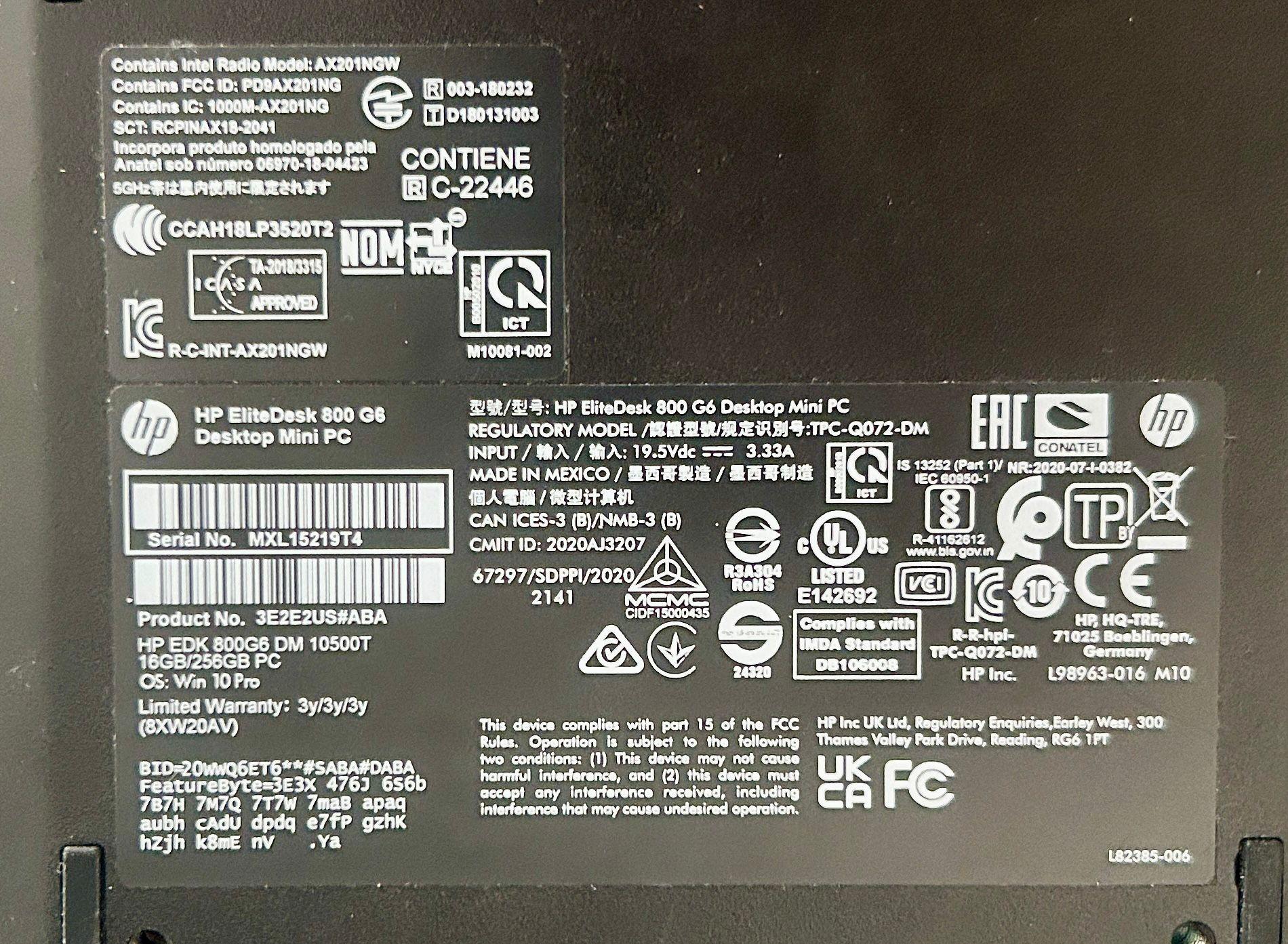 Mini PC HP Elitedesk Intel(R) Core(TM) i5-10500T CPU @ 2.30GHz 2.30 GHz