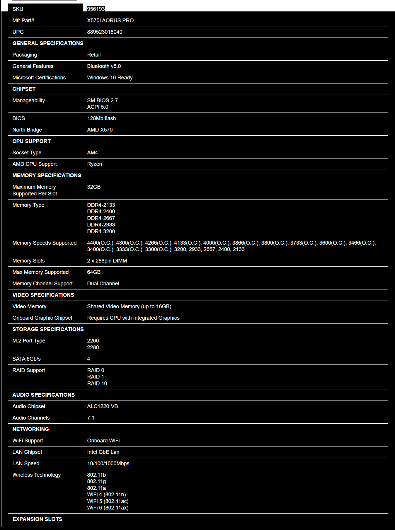 Gigabyte X570 Aorus AMD AM4 Mini-ITX Motherboard