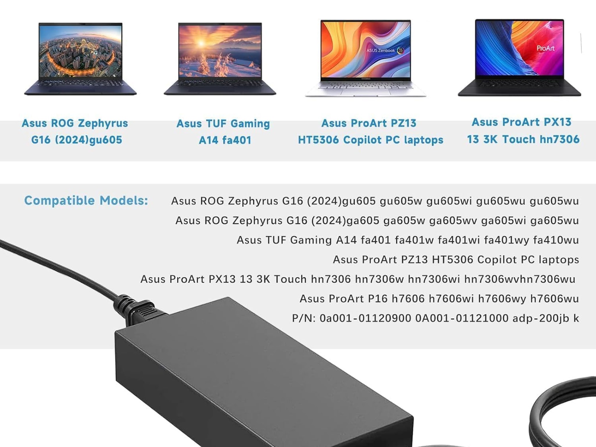 200W Laptop Charger Compatible with Asus ROG Zephyrus G16 (Full List In Description)