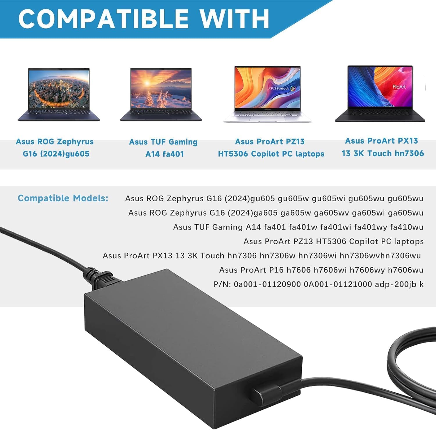 200W Laptop Charger Compatible with Asus ROG Zephyrus G16 (Full List In Description)
