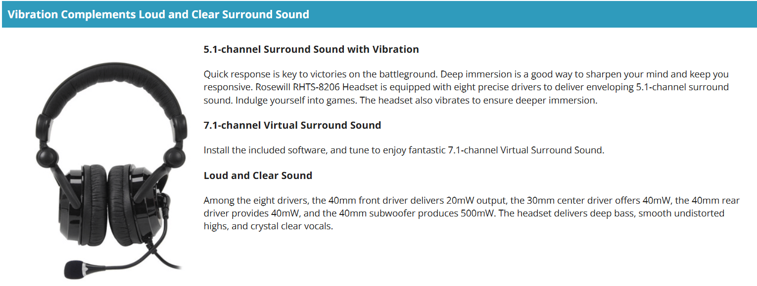 NEW ROSEWILL 5.1 CHANNEL VIBRATION USB GAMING HEADSET