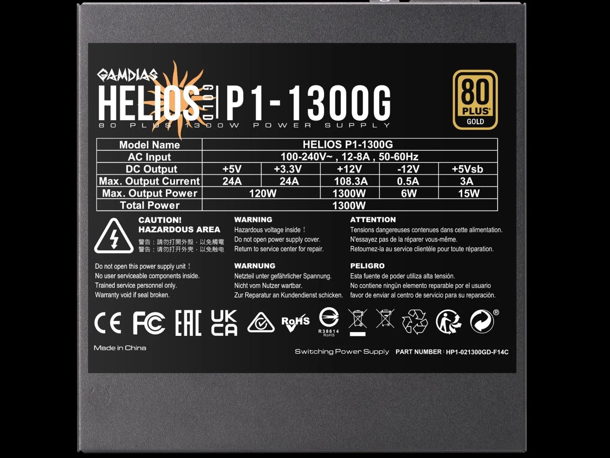GAMDIAS Helios P2‑1300G 1300W 80+ Gold Fully Modular PSU ATX Power Supply NEW