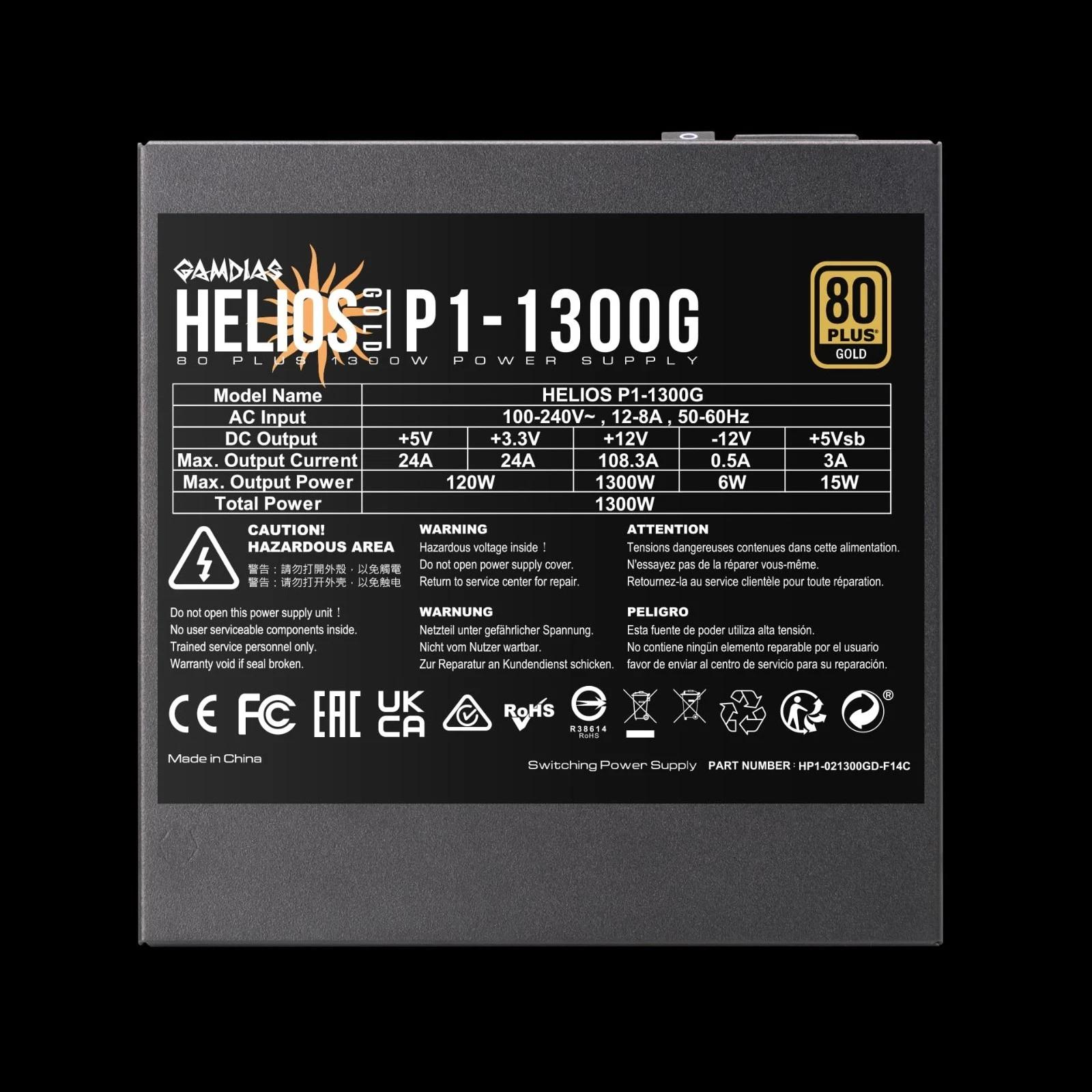 GAMDIAS Helios P2‑1300G 1300W 80+ Gold Fully Modular PSU ATX Power Supply NEW