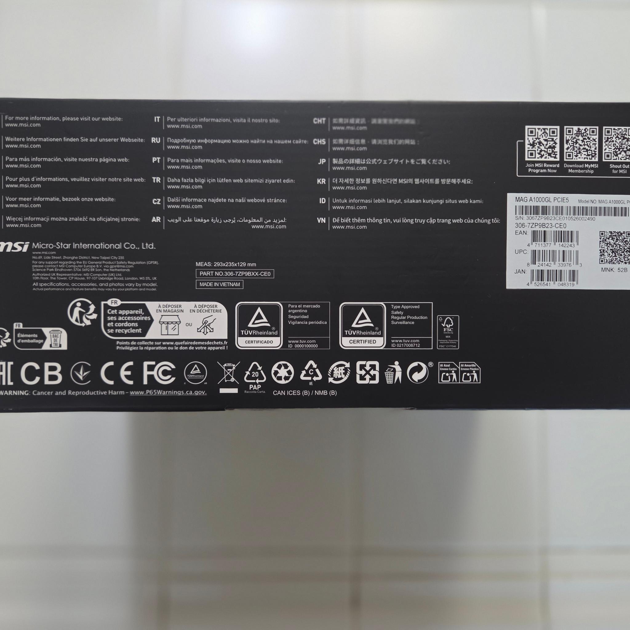 "Open Box" MSI MAG A1000GL PCIE5 1000W 80+ Gold PSU (Complete w/ Box & Receipt)