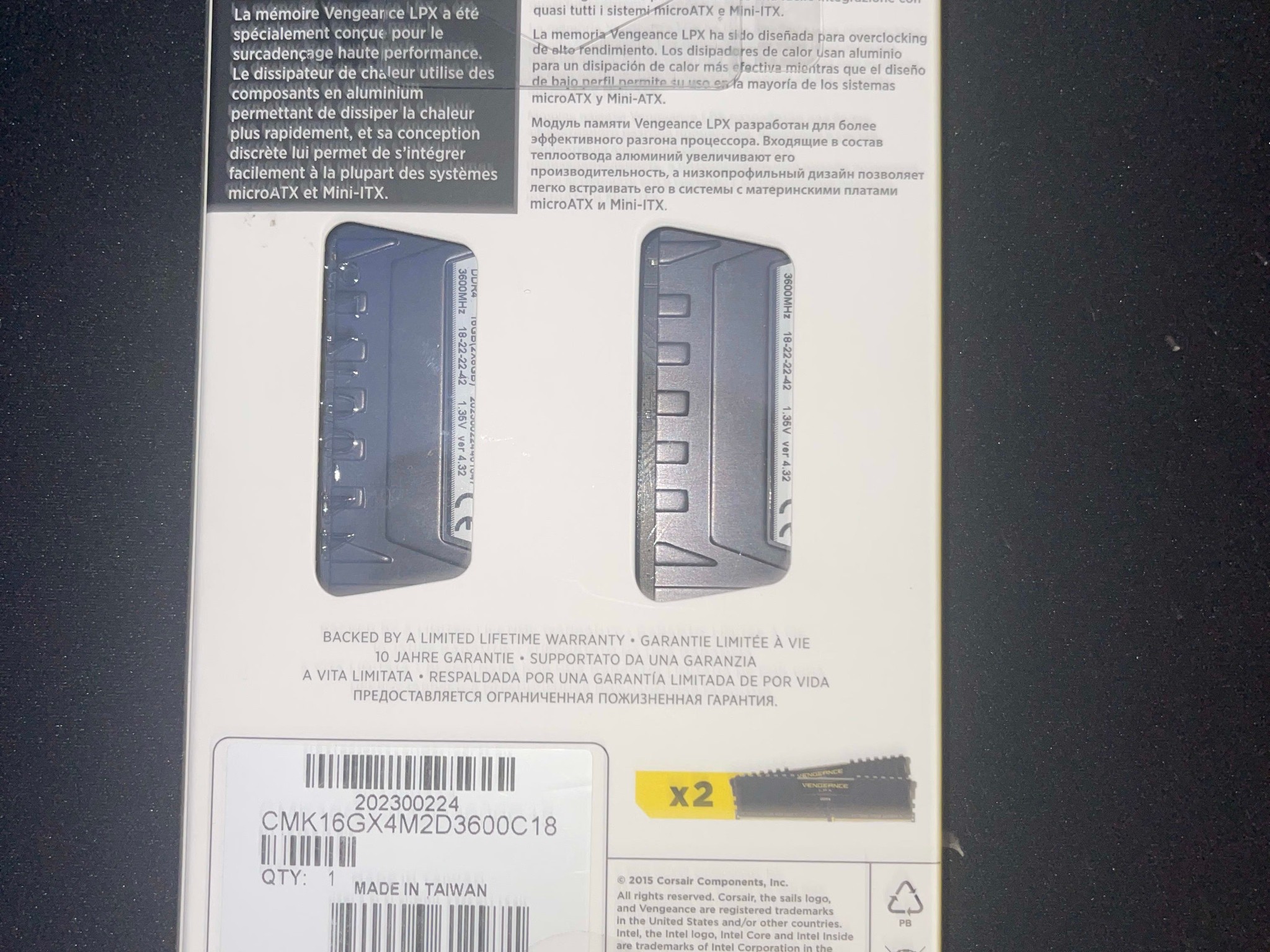 Corsiar Vengence LPX 16 GB (2 x 8 GB) DDR4-3600 C18 Memory 