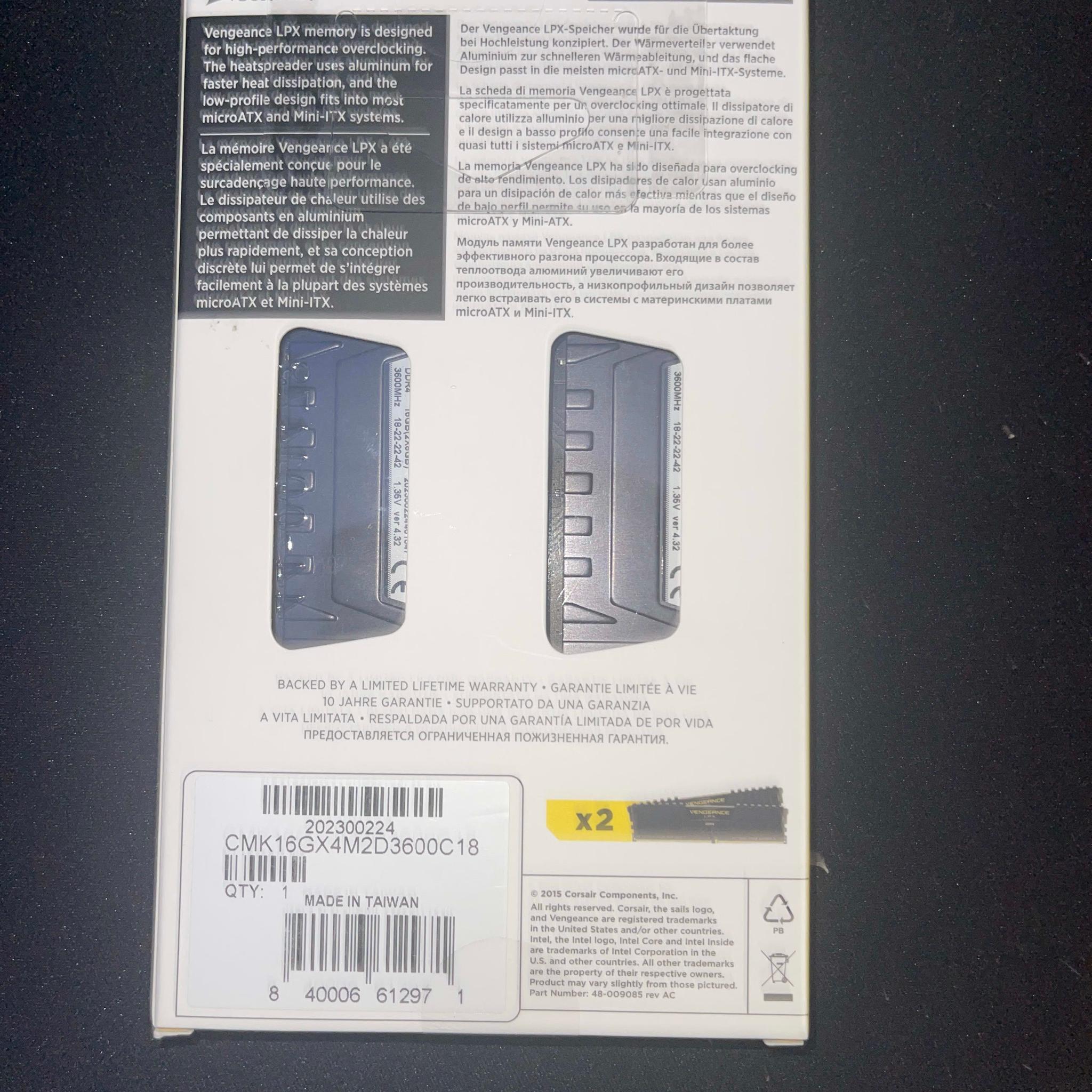 Corsiar Vengence LPX 16 GB (2 x 8 GB) DDR4-3600 C18 Memory 