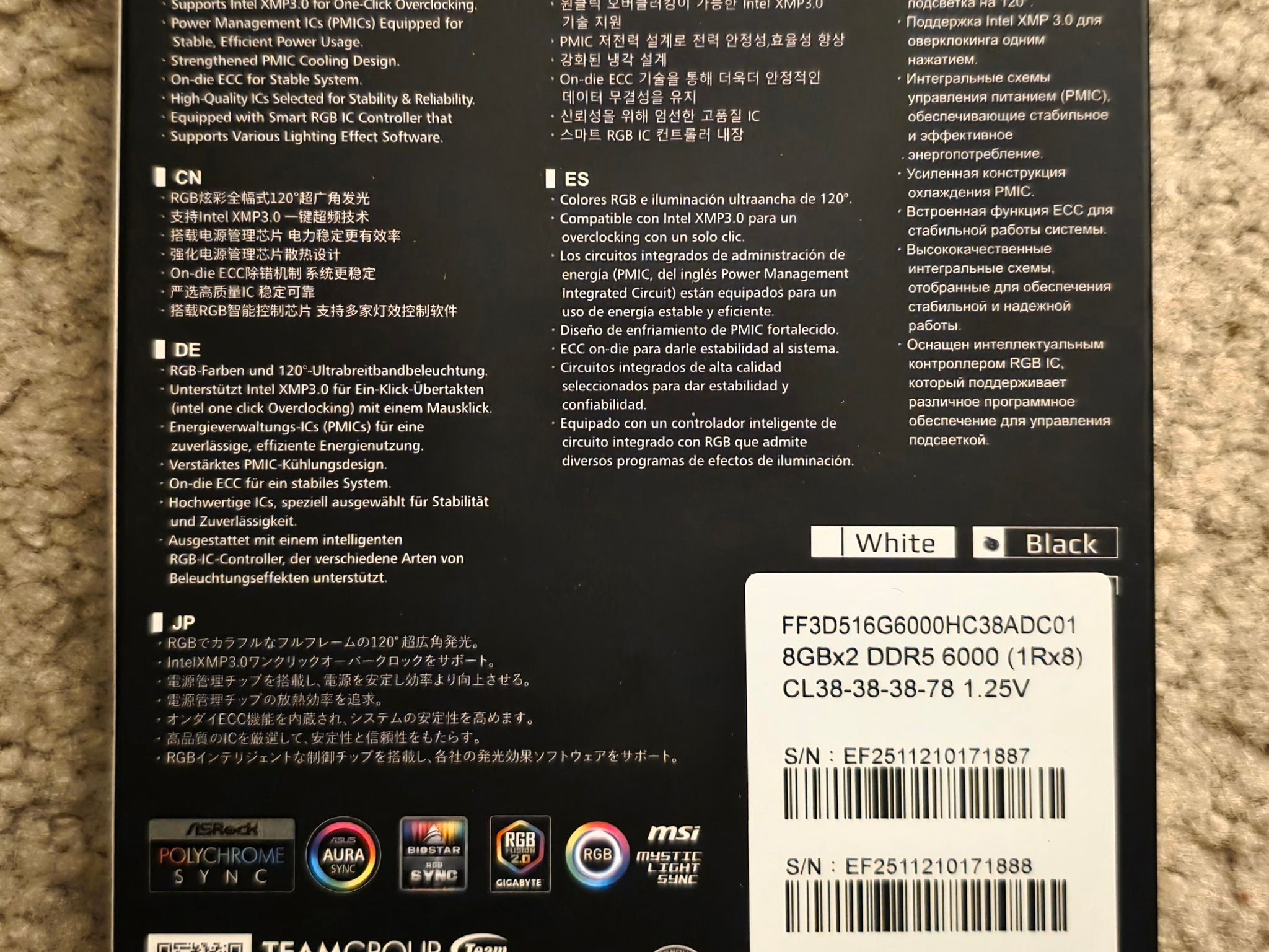 Team Group T-Force Delta RGB 16GB (2 x 8GB) DDR5 6000Mhz CL38-38-38-78 Black Brand New Sealed