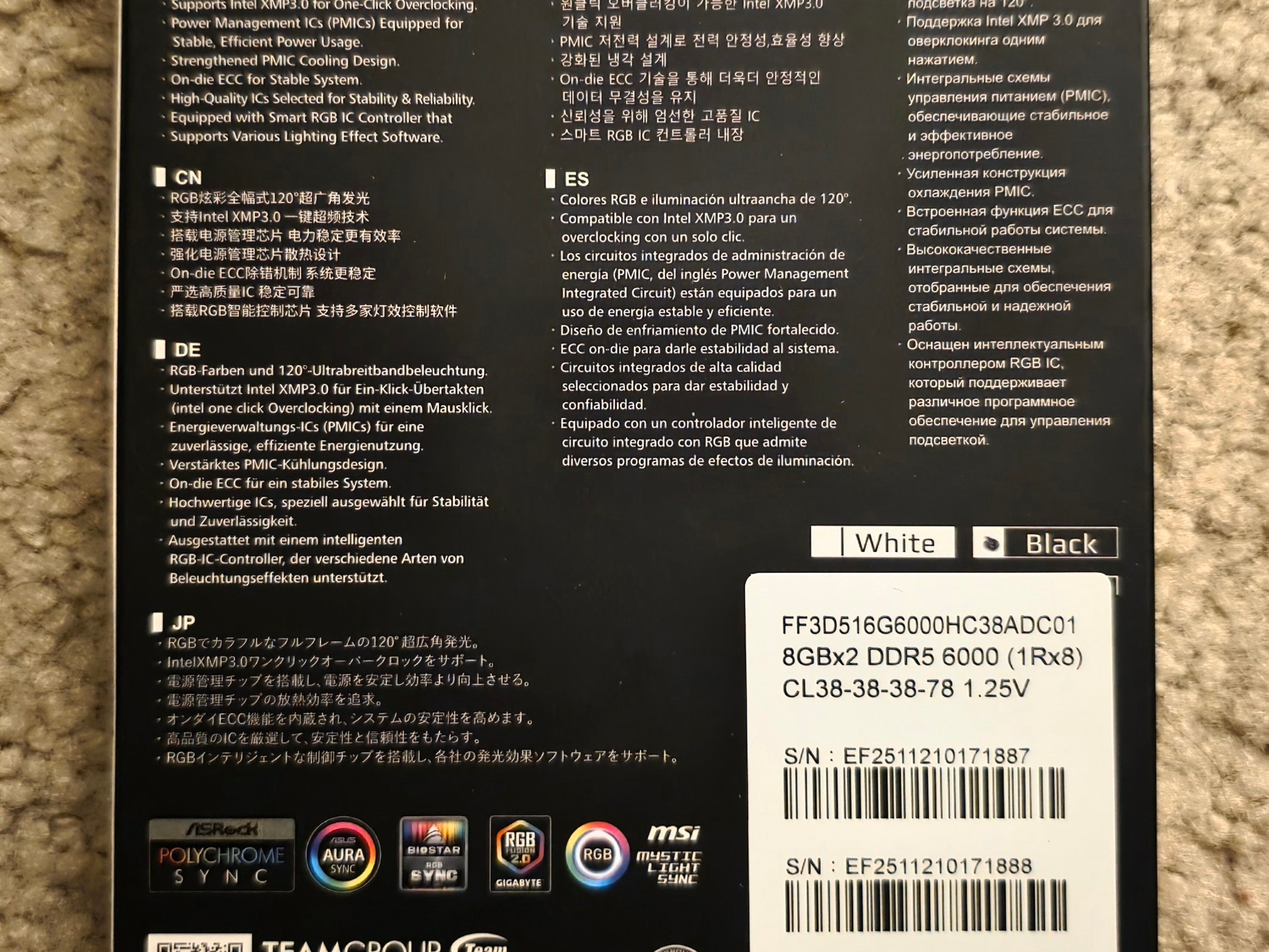 Team Group T-Force Delta RGB 16GB (2 x 8GB) DDR5 6000Mhz CL38-38-38-78 Black Brand New Sealed
