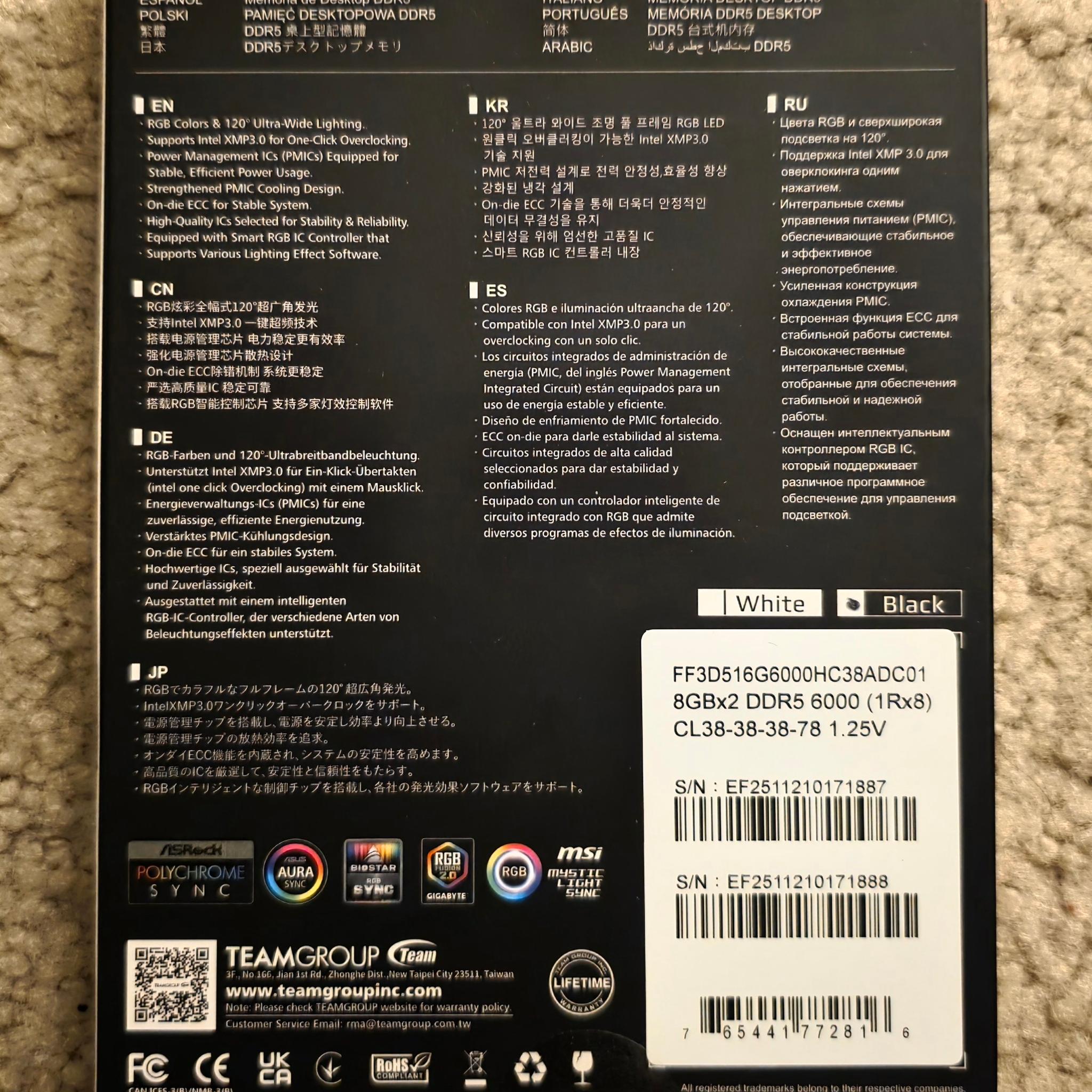 Team Group T-Force Delta RGB 16GB (2 x 8GB) DDR5 6000Mhz CL38-38-38-78 Black Brand New Sealed