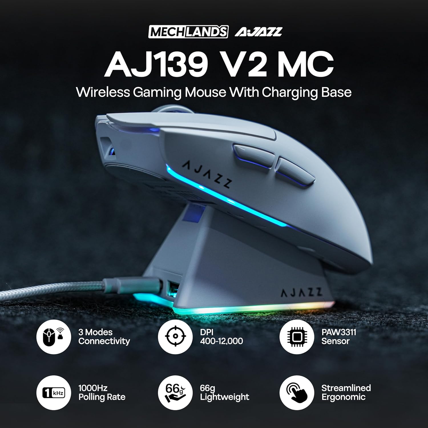 AJAZZ AJ139 V2 MC 66g Gaming Mouse with Charging Base, 12,000 DPI