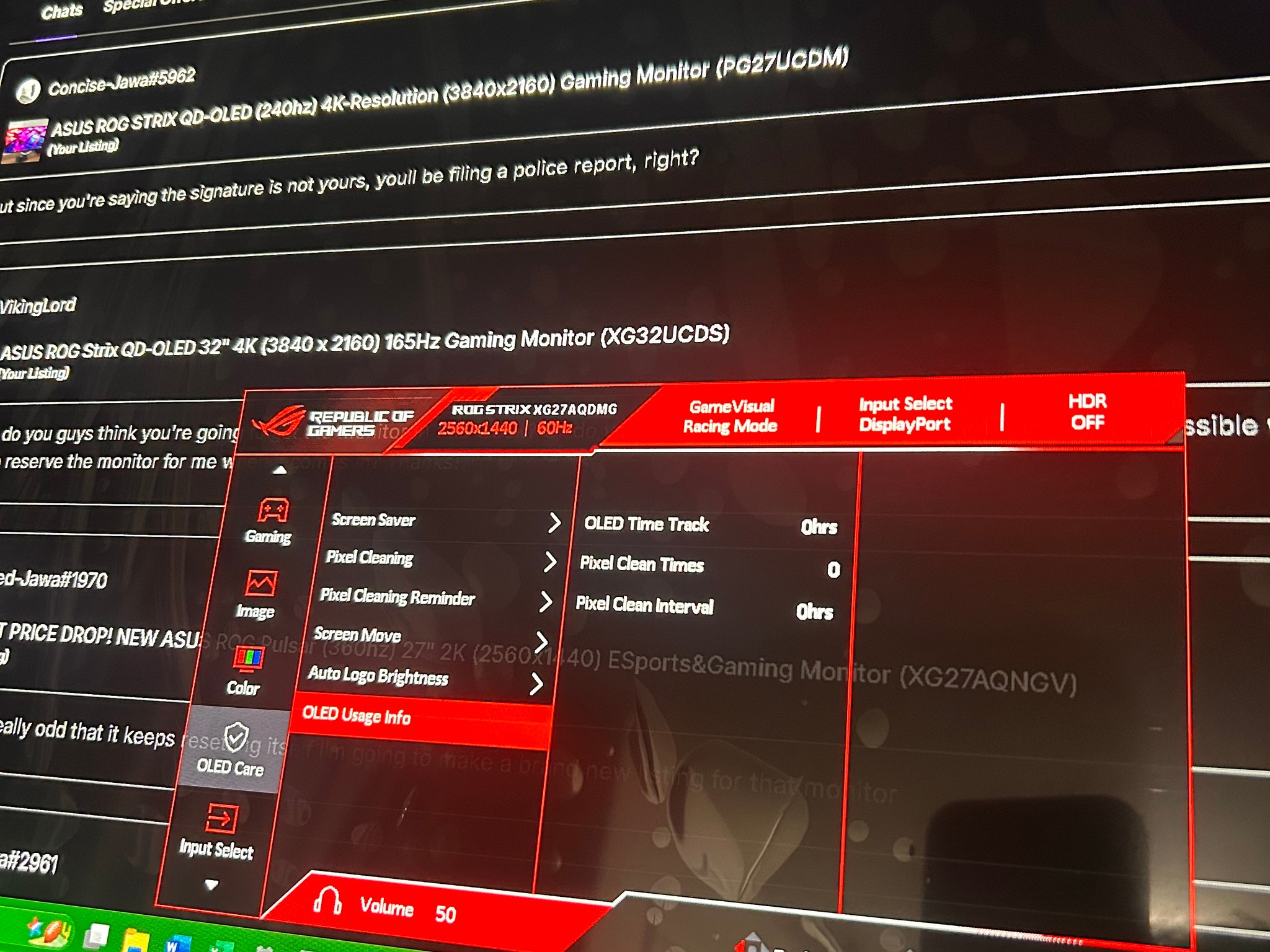 ASUS ROG Strix OLED 27" (240hz) 2K WQHD (2560x1440) 240Hz Gaming Monitor (XG27AQDMG) (0 HOURS USED)