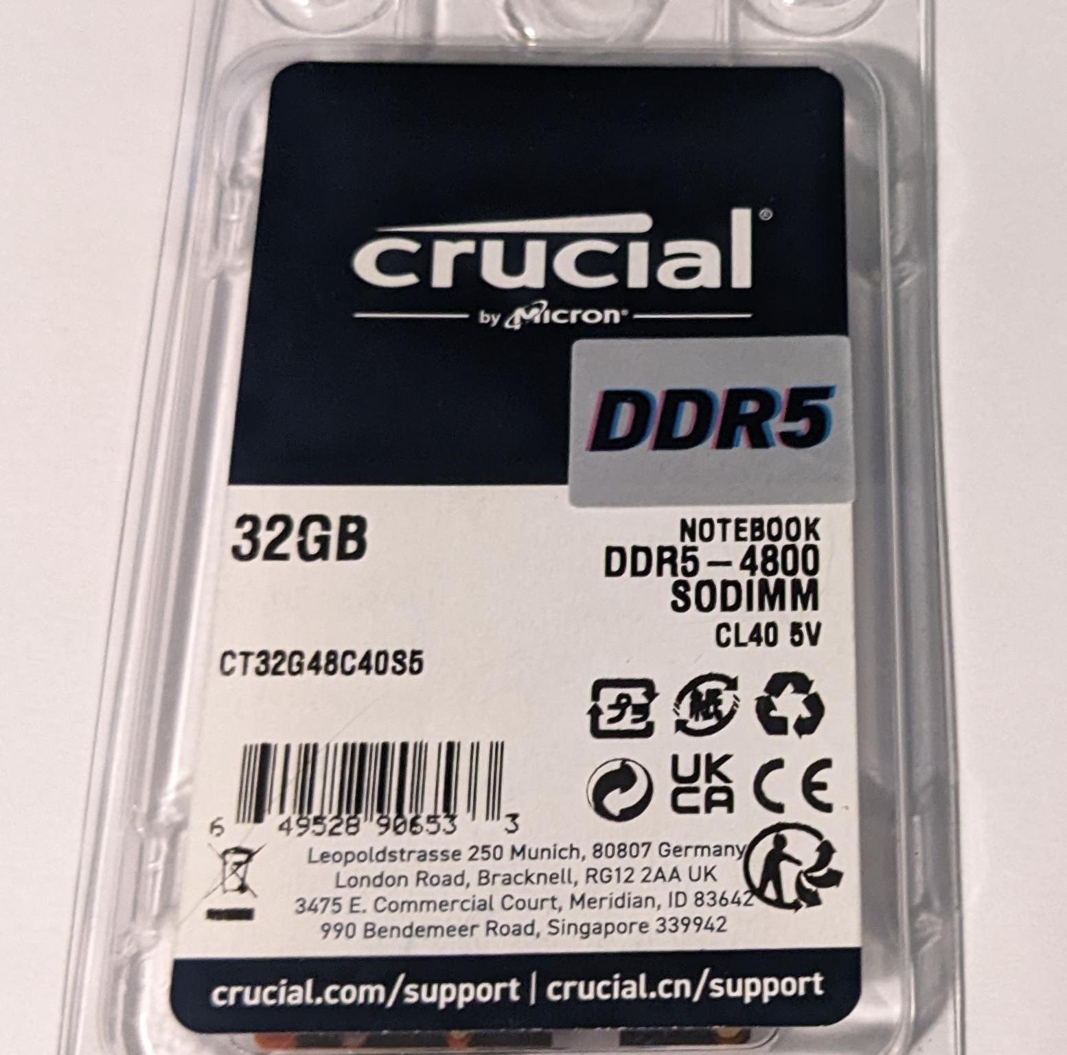 Crucial DDR5 32GB Laptop Ram CT32G48C40S5