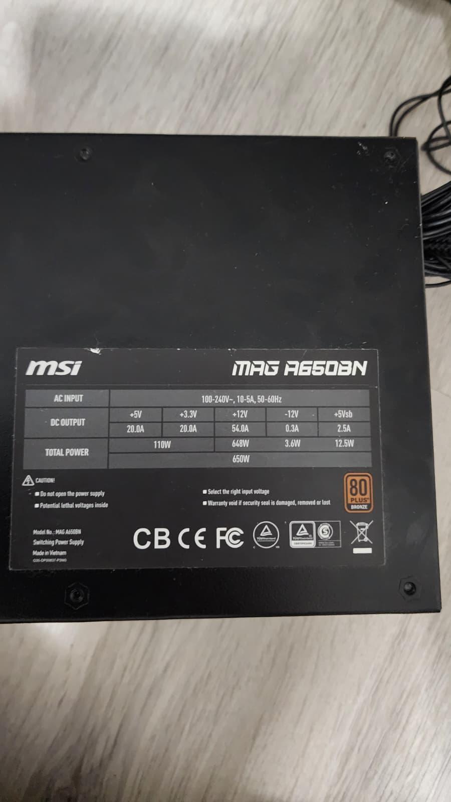 MSI MAG A650BN 650 Watt 80 Plus Bronze ATX Non-Modular Power Supply