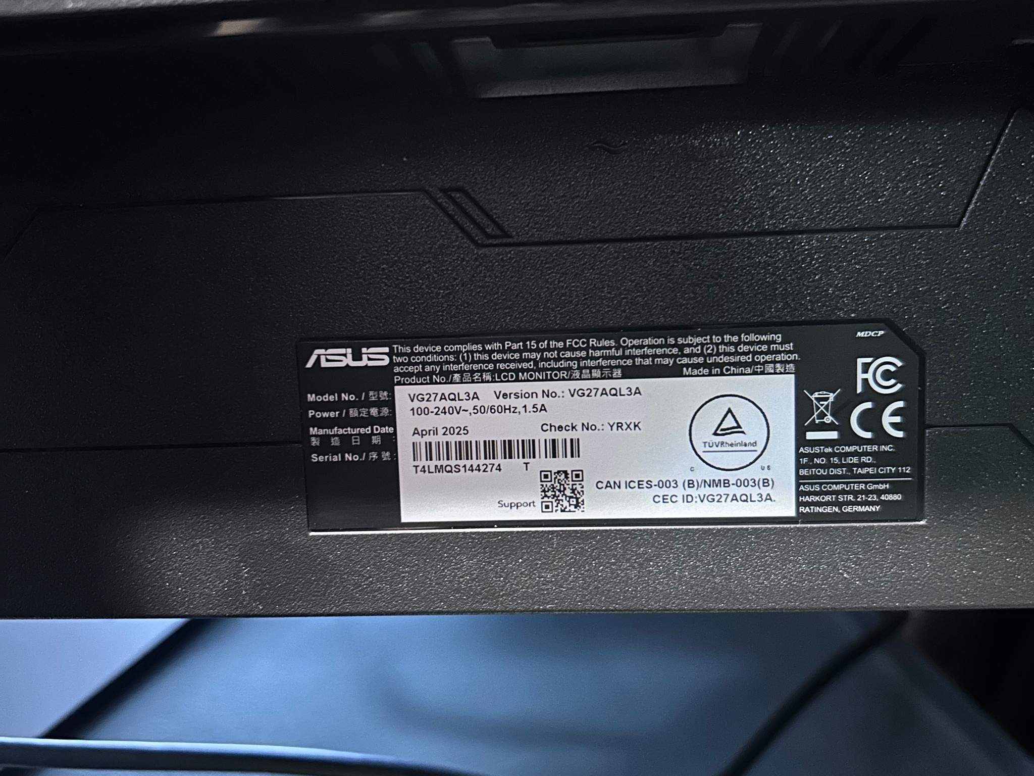 ASUS TUF 27" (2K) WQHD (2560 x 1440) 180Hz Gaming Monitor (VG27AQL3A)