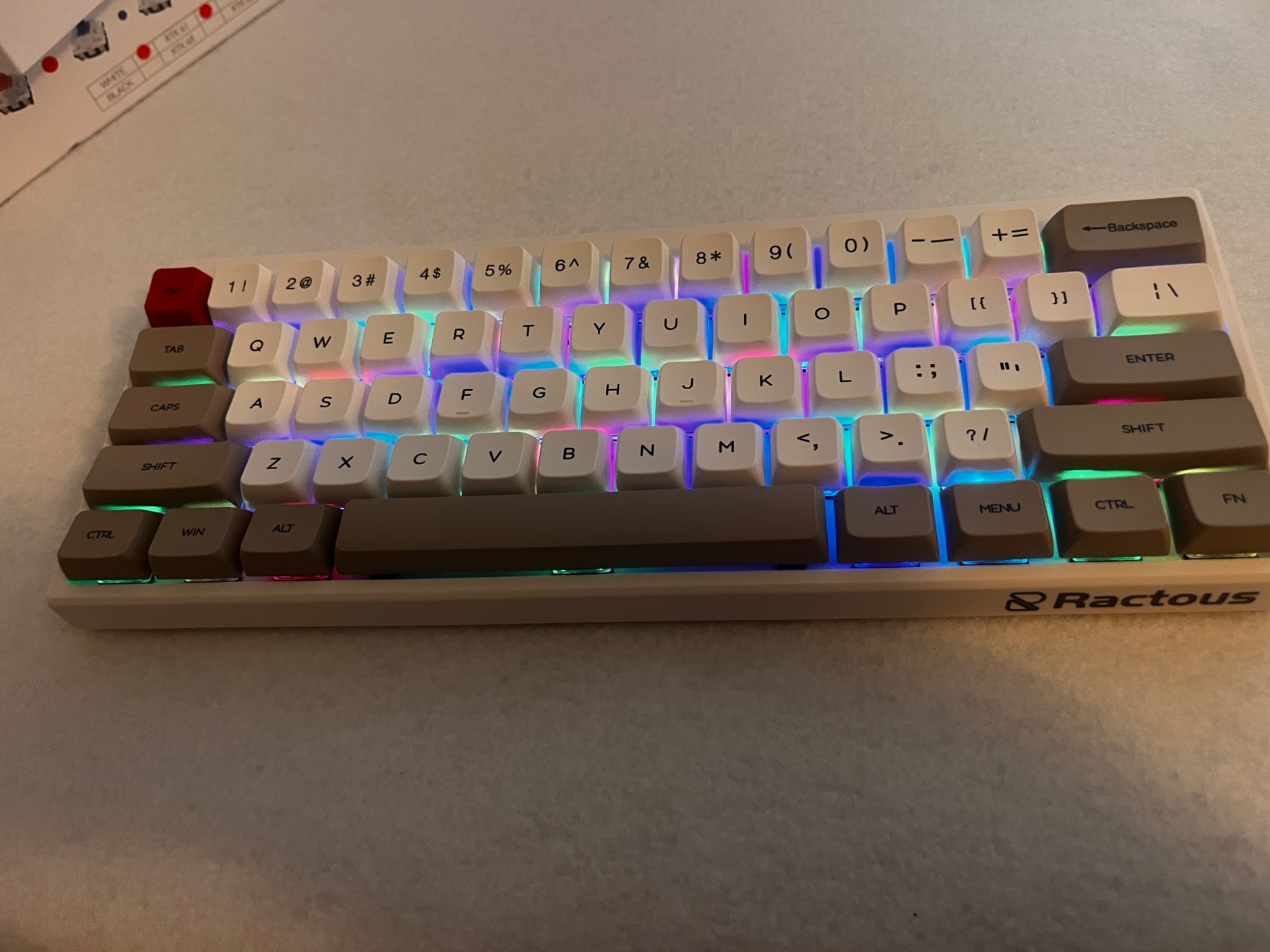 Ractous Design RGB keyboard New in the Box. 60%, RGB.  Gateron Red Switches Hot Swappable