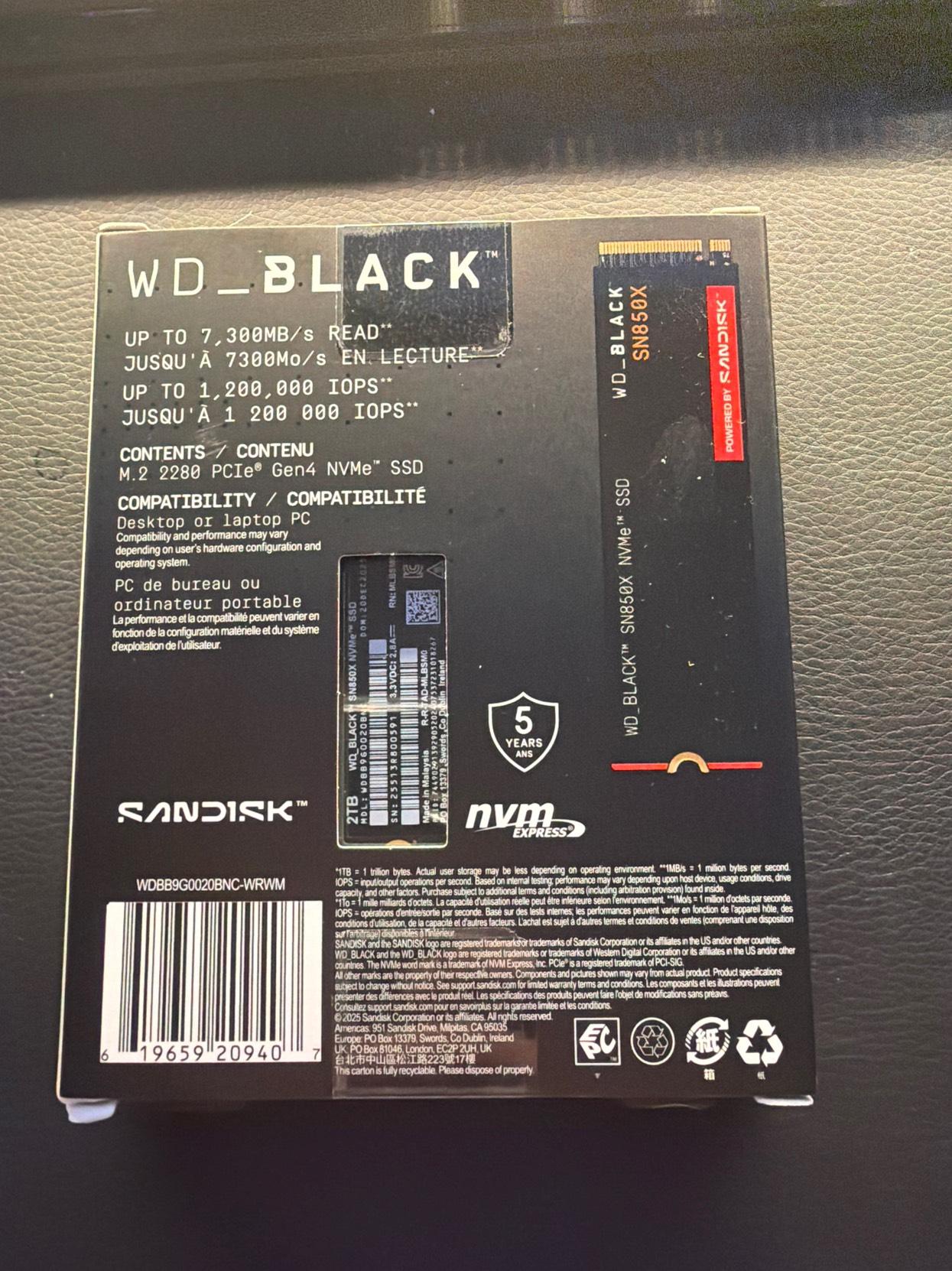 Sandisk WD Black SN850X 2TB NVMe SSD – Up to 7,300 MB/s – High‑Performance Gen4 Drive