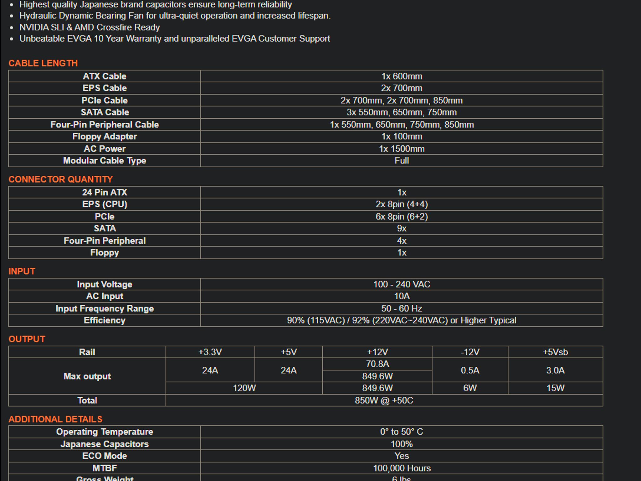 EVGA SuperNOVA 850 G3, 80 Plus Gold 850W, Fully Modular, Eco Mode