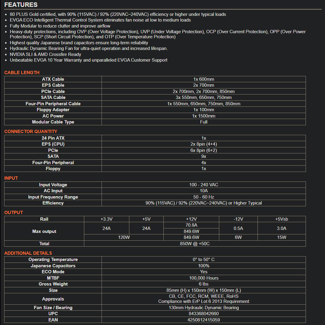 EVGA SuperNOVA 850 G3, 80 Plus Gold 850W, Fully Modular, Eco Mode