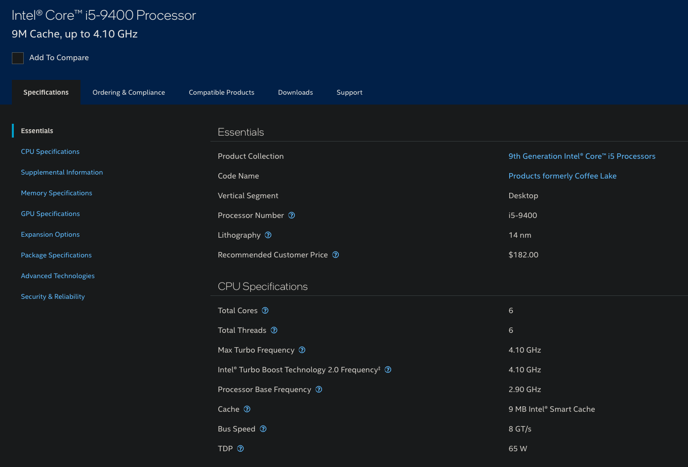 Intel i5-9400 | UHD 630  iGPU | 65W TDP | LGA 1151