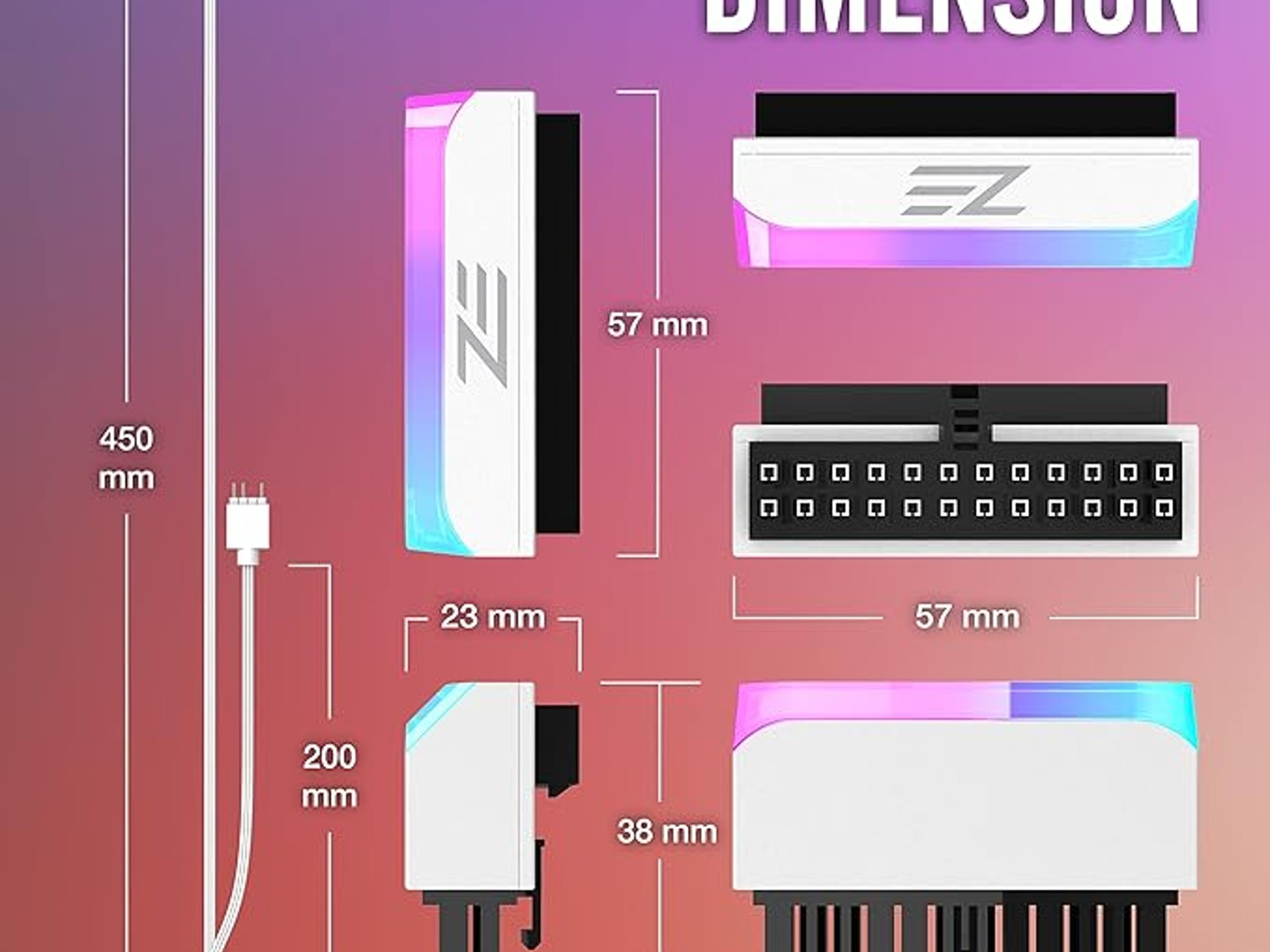 New EZDIY-FAB ATX 24-pin 90 Degree Power Connector Adapter 5V 3 Pin ARGB for Motherboard White