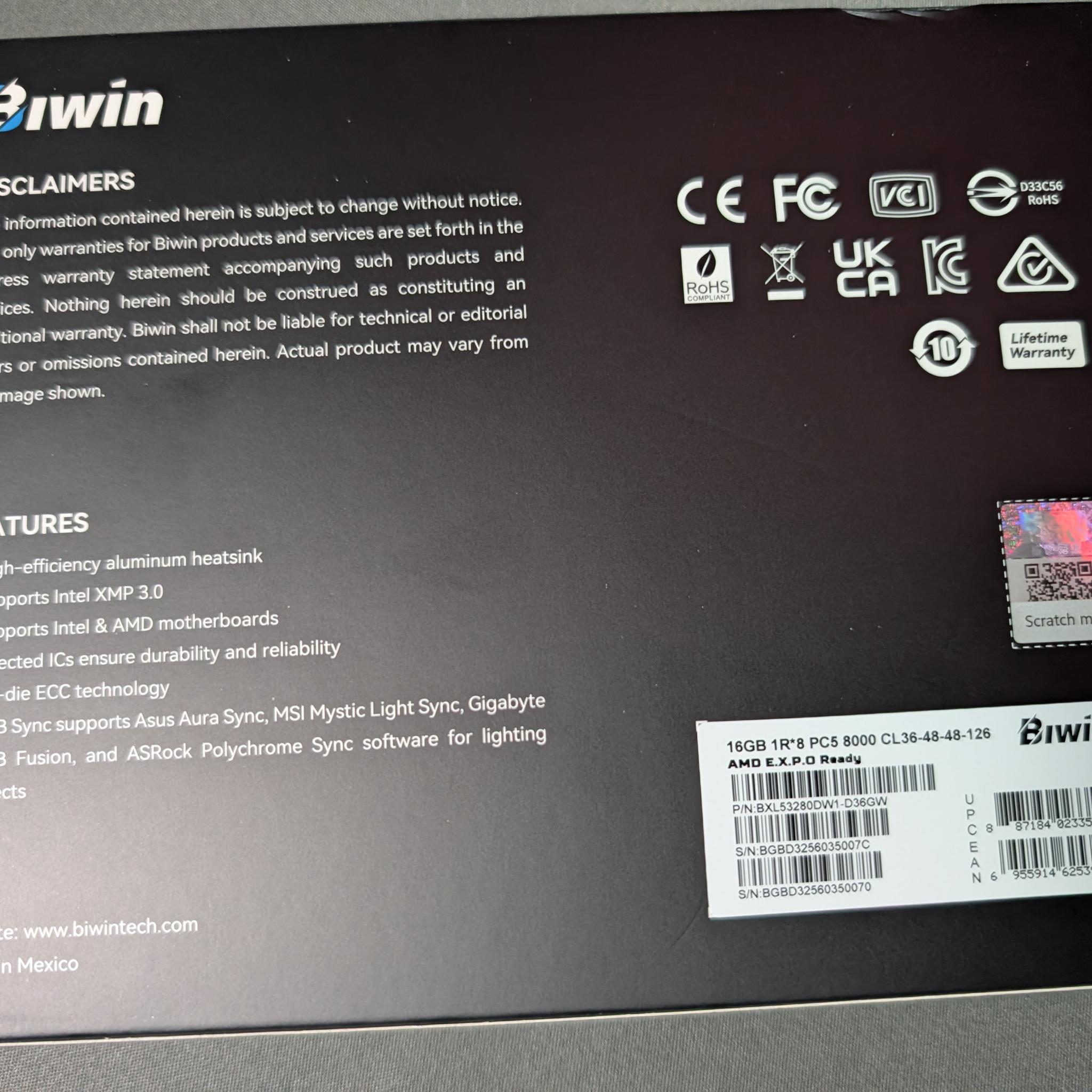 Biwin Black Opal DW100 DDR5 RGB 32GB (2x16GB) 8000MHz CL36 RAM