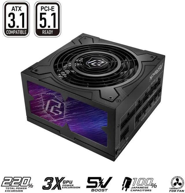 BNIB ASRock PG 850W 80+/Cybernetics Gold Fully Modular ATX 3.1/PCIe 5.1 Ready PSU