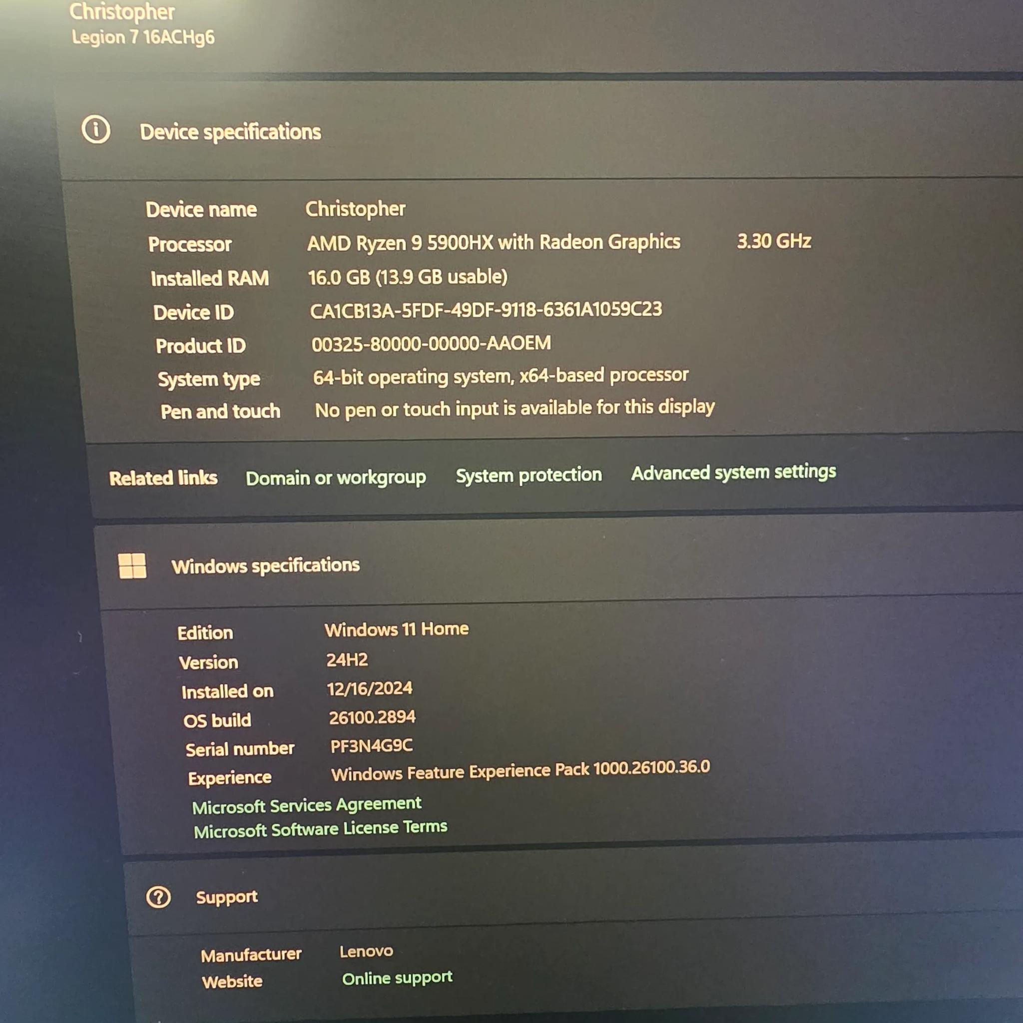 Lenovo Legion 7 RTX 3080, 16 inch, Ryzen 9, 1TB SSD
