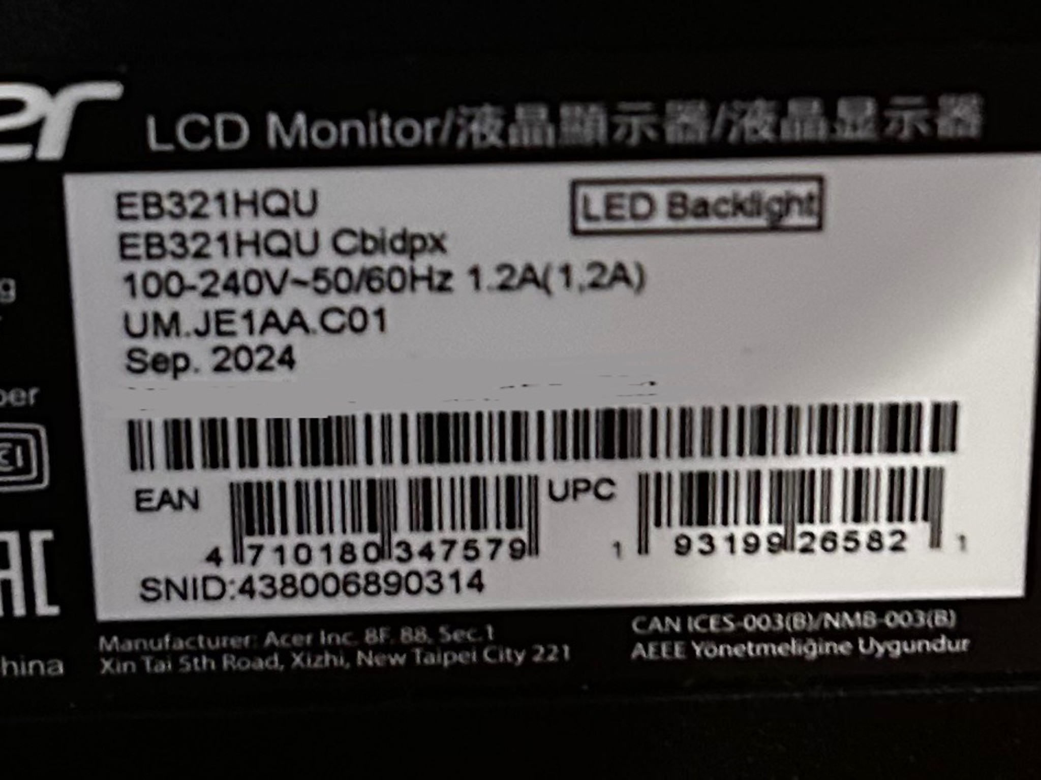 Acer 32" 2K WQHD (2560 x 1440) LED Monitor (EB321HQU Cbidpx) (See Description)