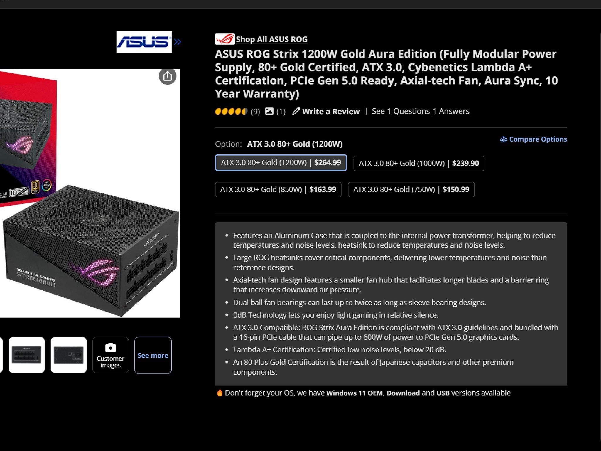 NEW ASUS ROG Strix 1200W Gold Aura Edition (Fully Modular 80+ Gold Certified, ATX 3.0)