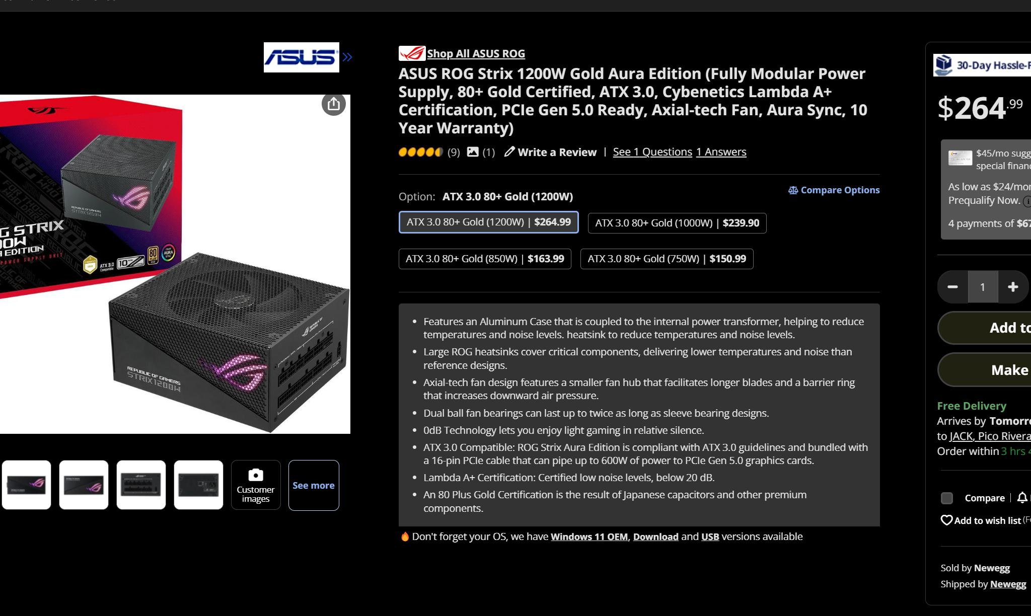 NEW ASUS ROG Strix 1200W Gold Aura Edition (Fully Modular 80+ Gold Certified, ATX 3.0)