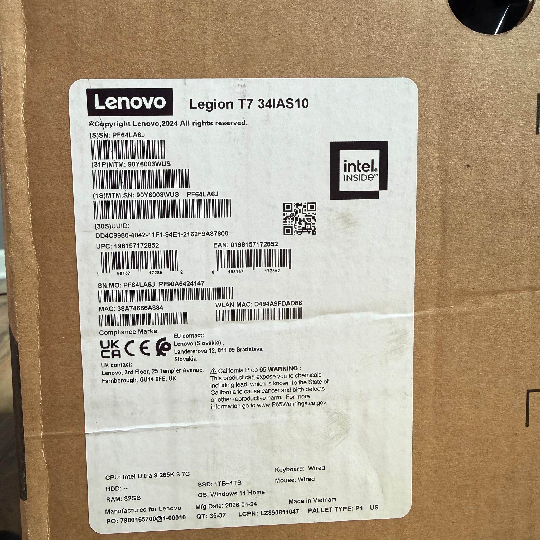 Lenovo Legion 7i Tower, RTX 5080, Intel ultra 9