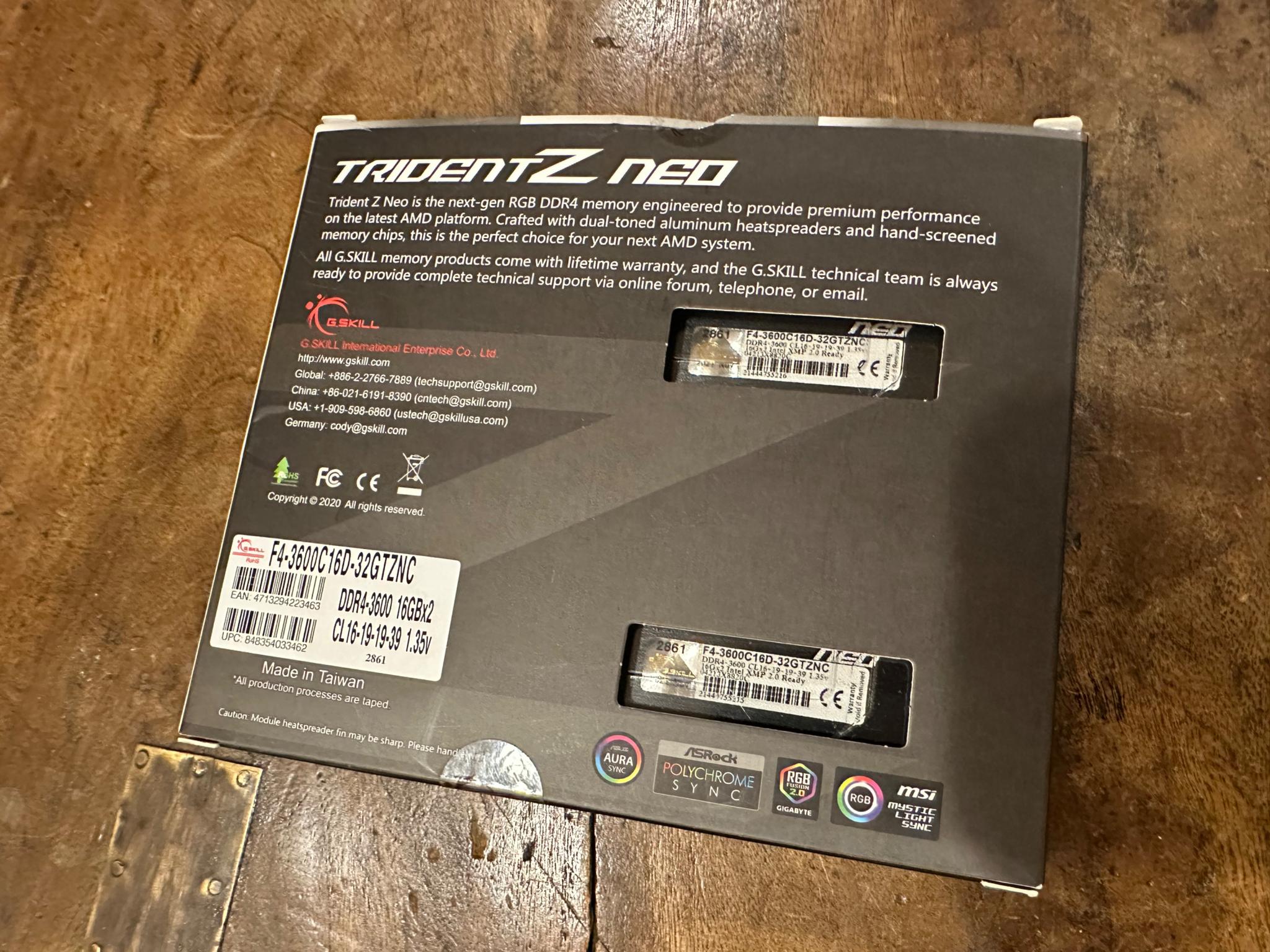 G.Skill 32GB (16GBx2) DDR4-3600, CL 16–19-19-39