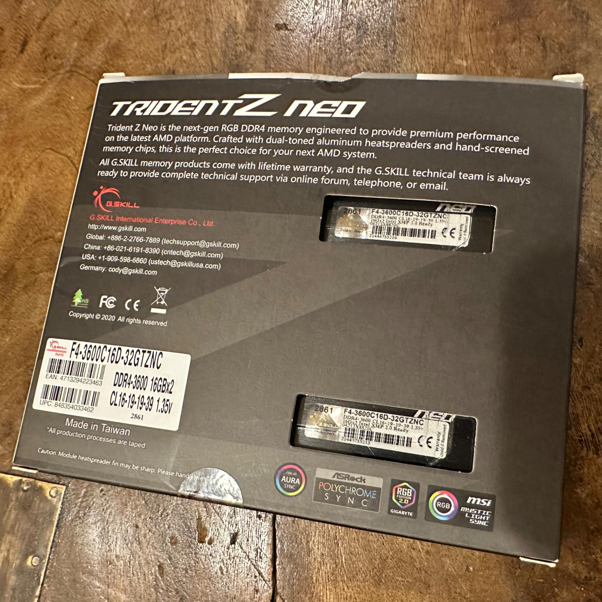 G.Skill 32GB (16GBx2) DDR4-3600, CL 16–19-19-39