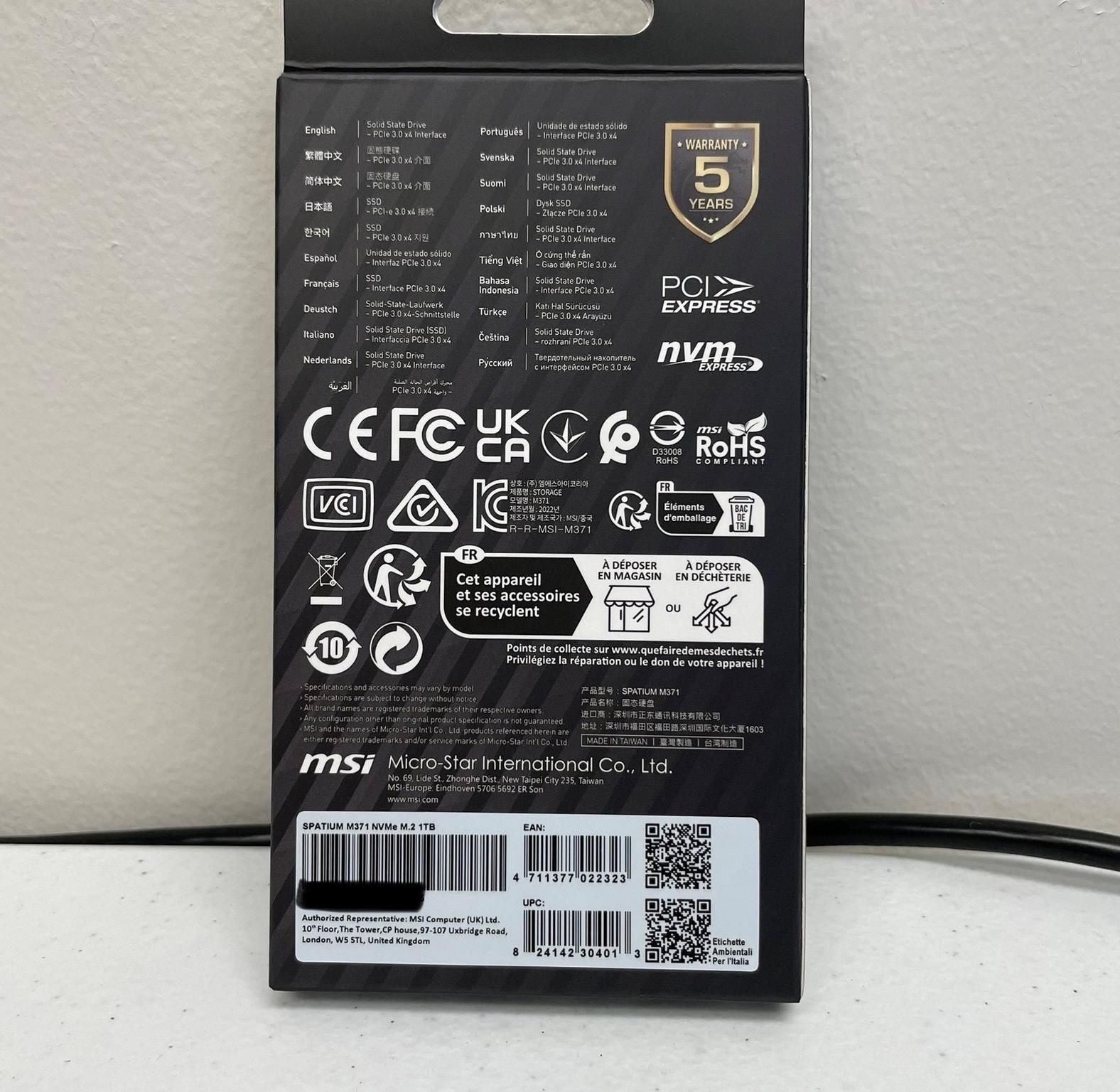 BNIB MSI Spatium M371 1TB NVME