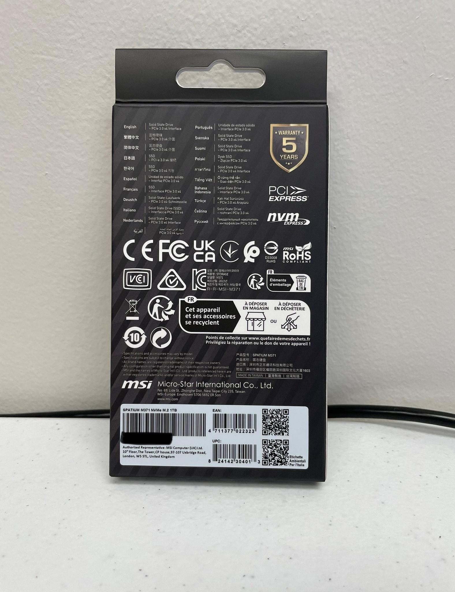 BNIB MSI Spatium M371 1TB NVME