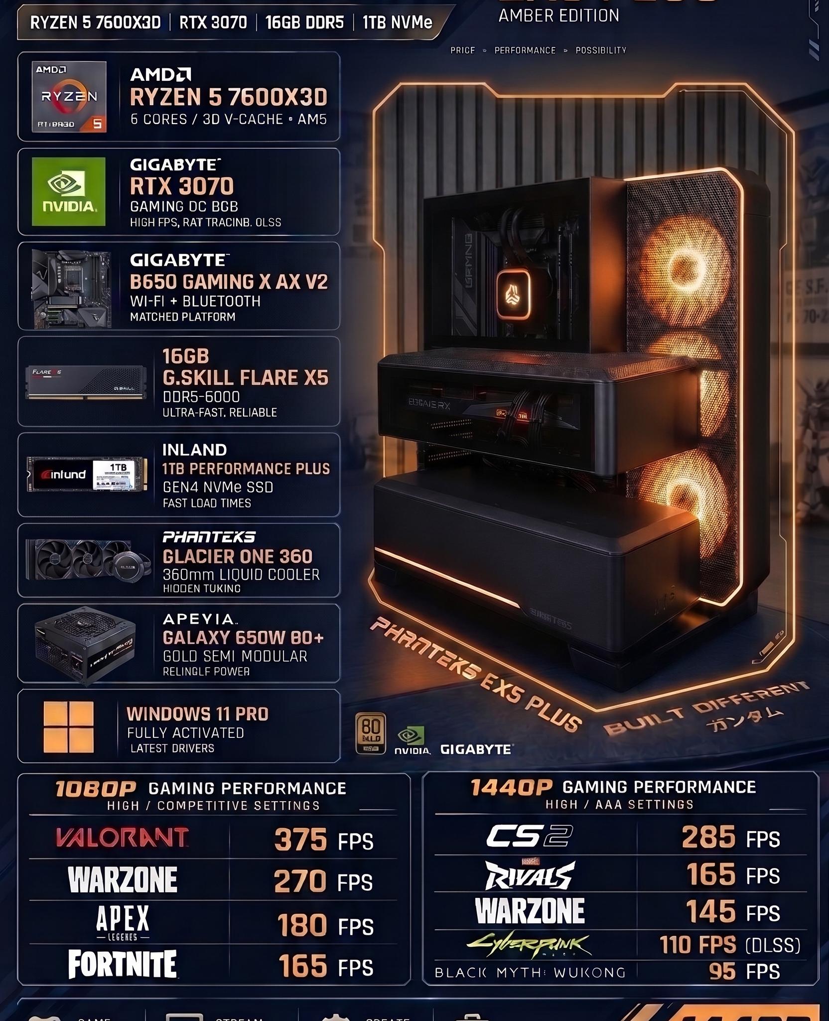 GeForce RTX 3070 Custom Gaming PC - Ryzen 5 7600X3D, 16GB RAM, 1TB NVMe SSD