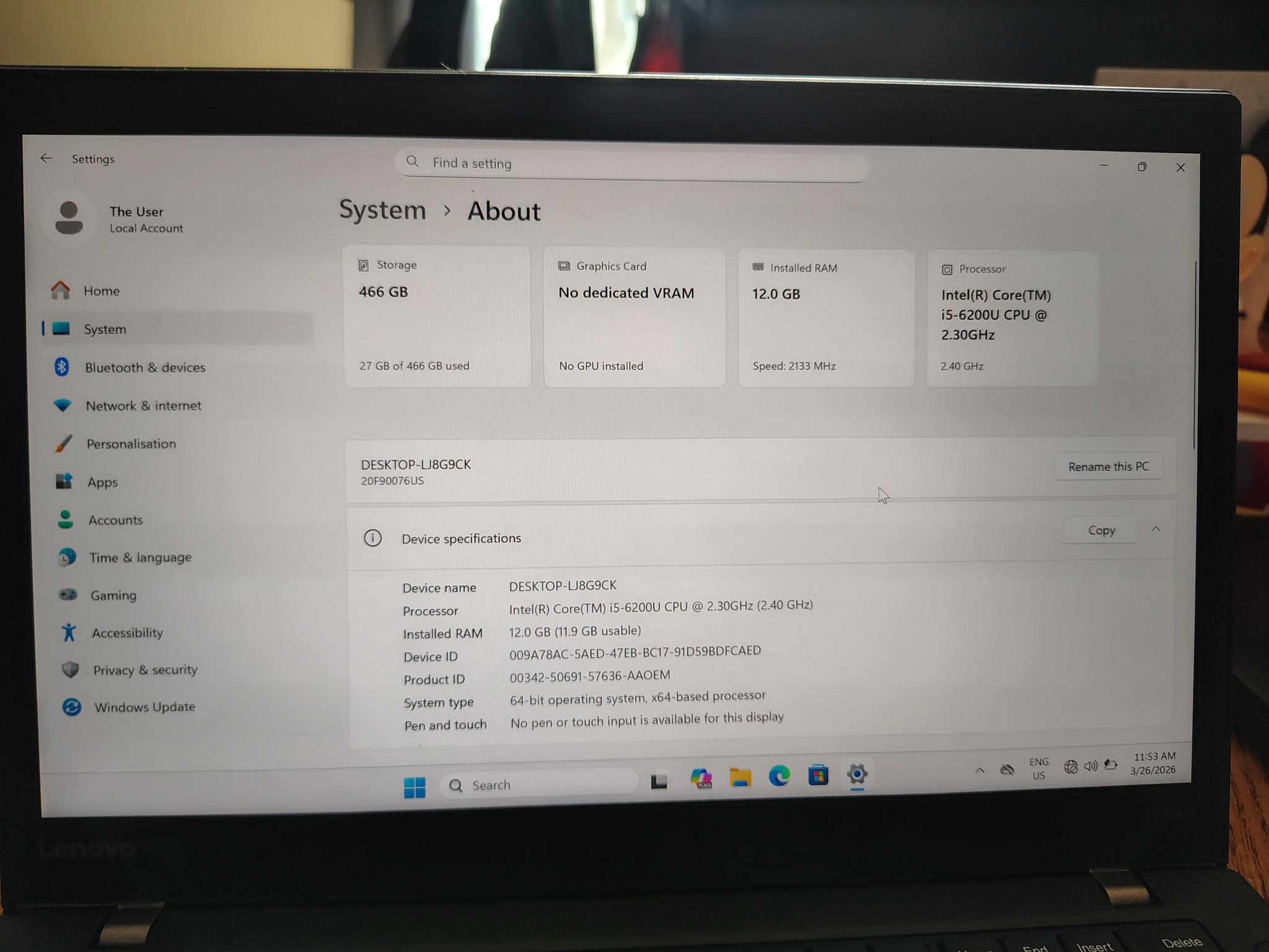 Lenovo T460s running Windows 11