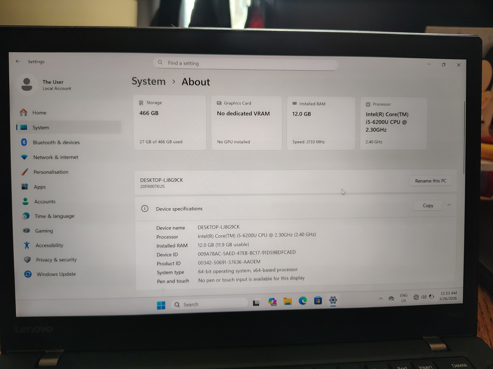 Lenovo T460s running Windows 11