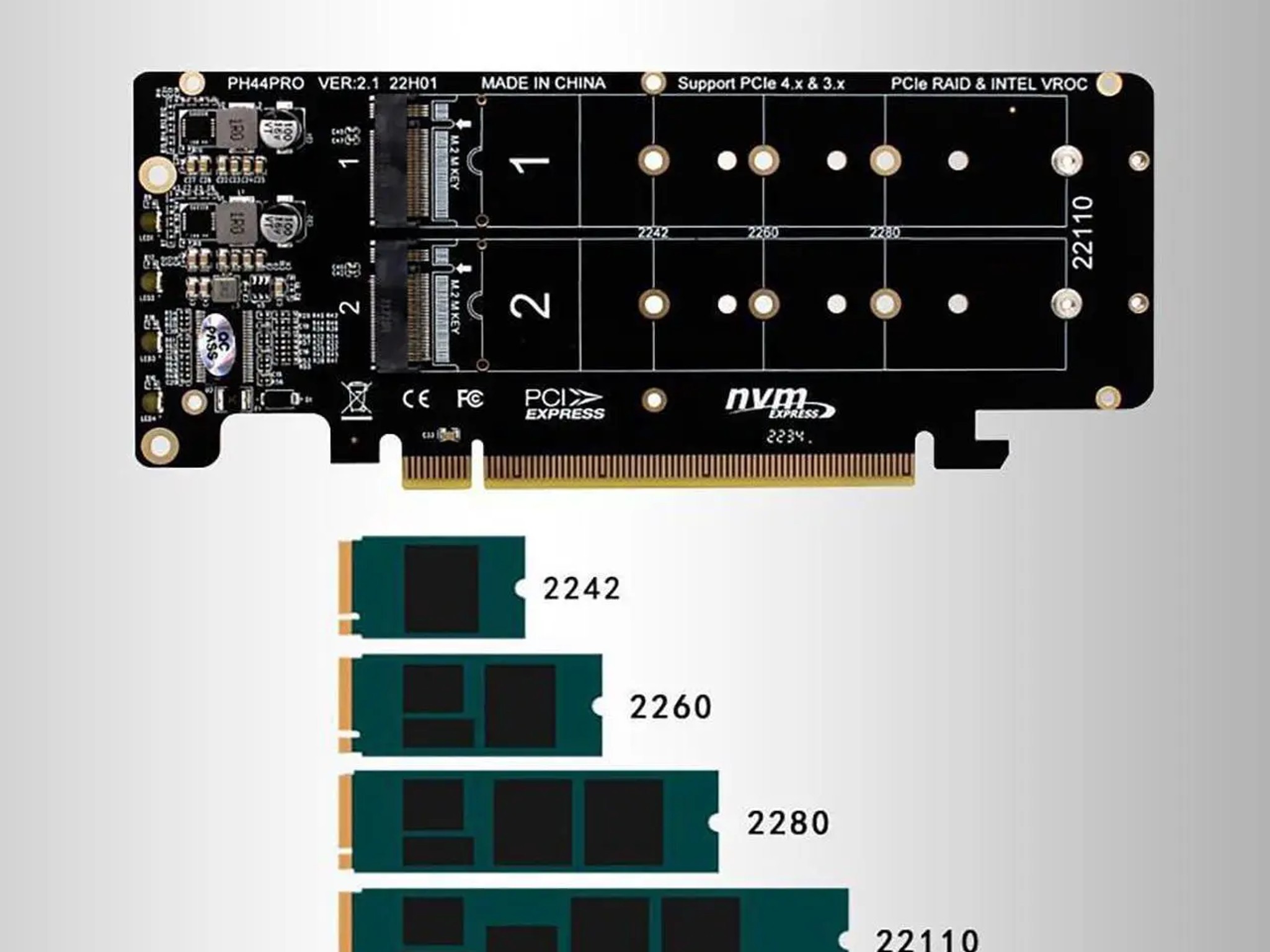 PH44PRO Dual-Sided 4 x M.2 M-Key NVME to PCIe X16 Splitter Card 4 x 32Gbps 2U Server RAID Array