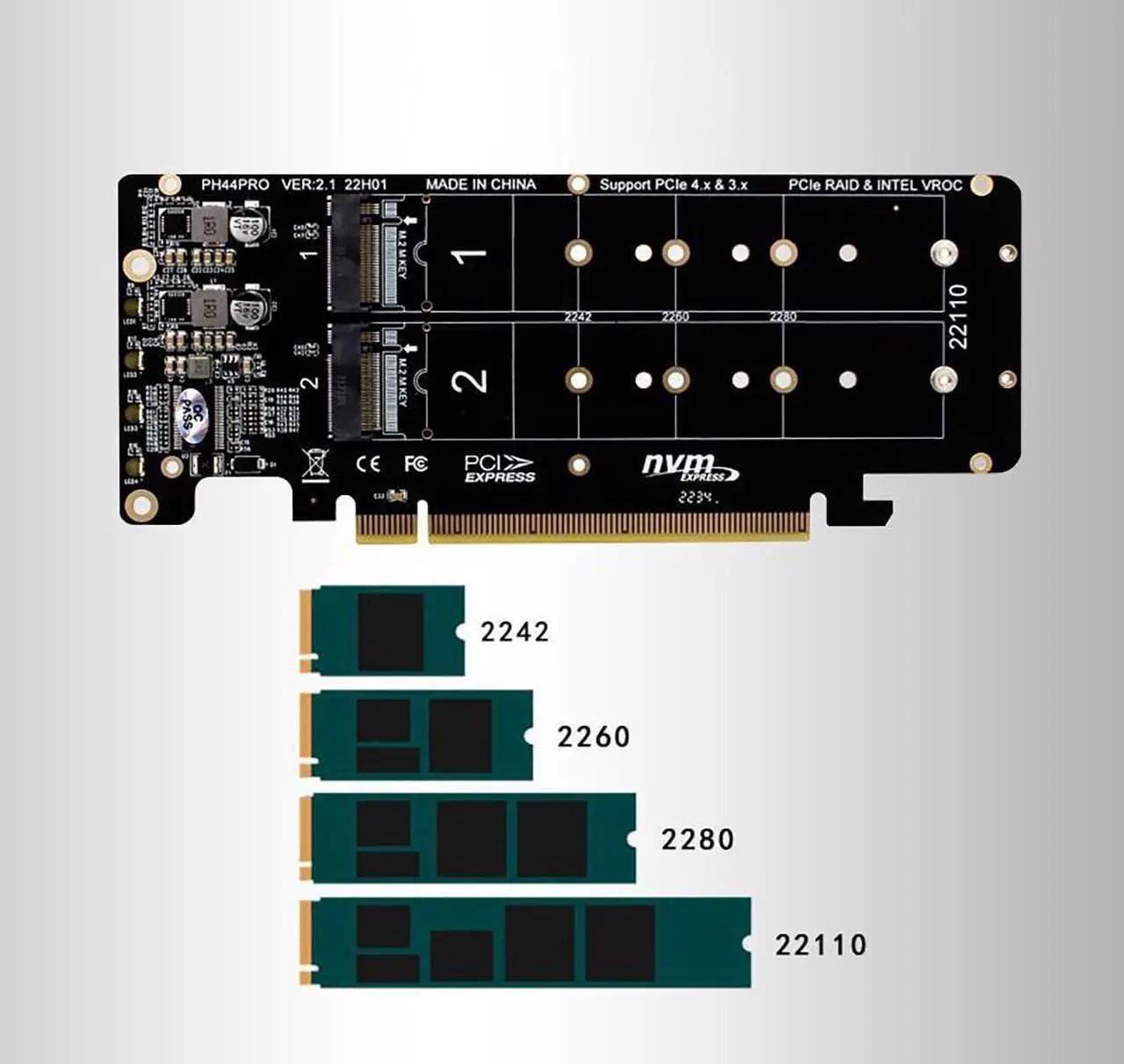PH44PRO Dual-Sided 4 x M.2 M-Key NVME to PCIe X16 Splitter Card 4 x 32Gbps 2U Server RAID Array
