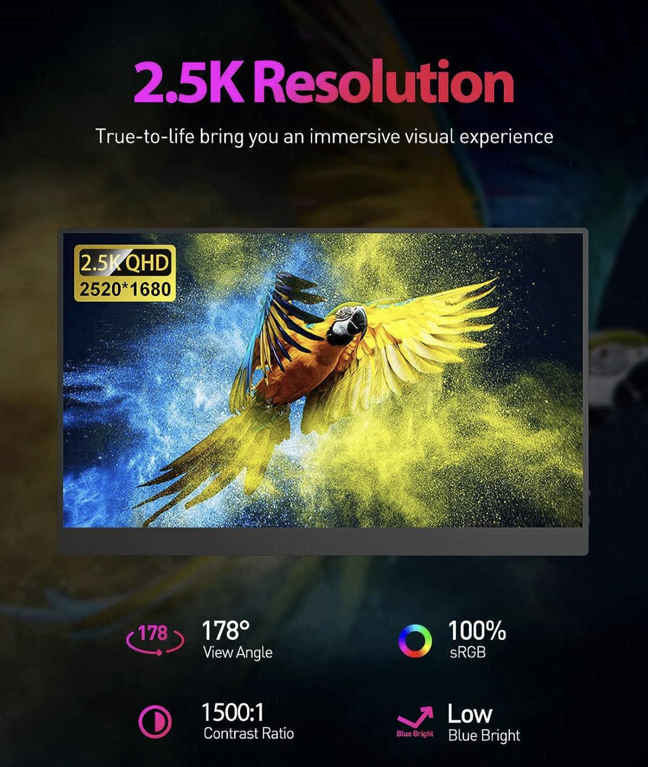 2.5K Portable Monitor, 16" 2520x1680 QHD USB-C HDMI