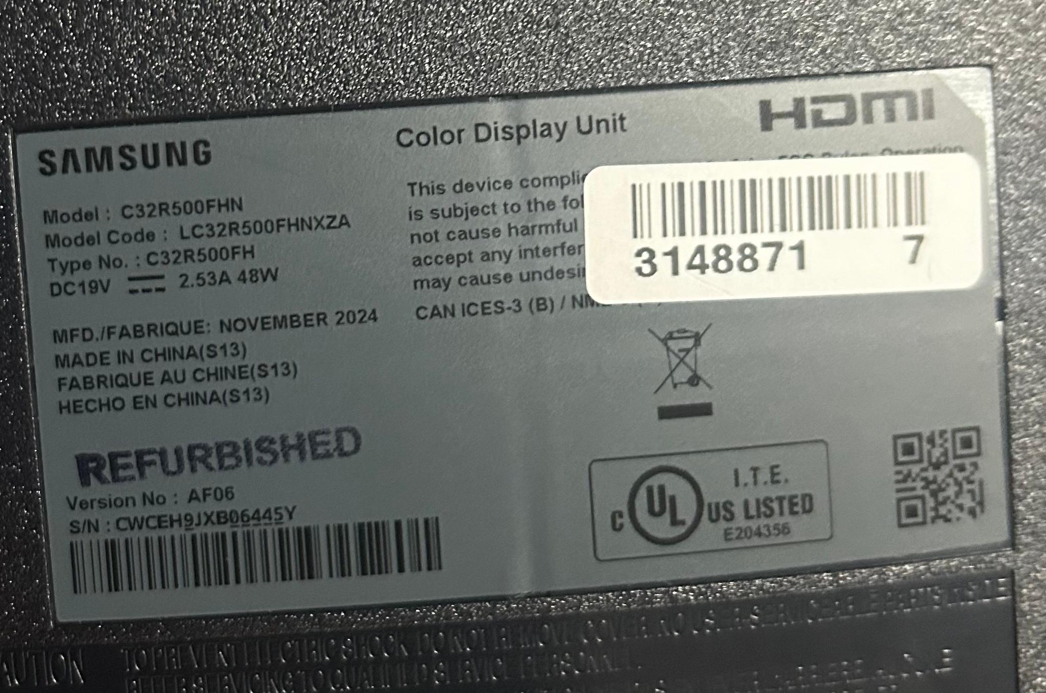 Samsung 32” FHD (1920 x 1080) (75hz) Curved Monitor with Bezel-Less Design (Refurbished)
